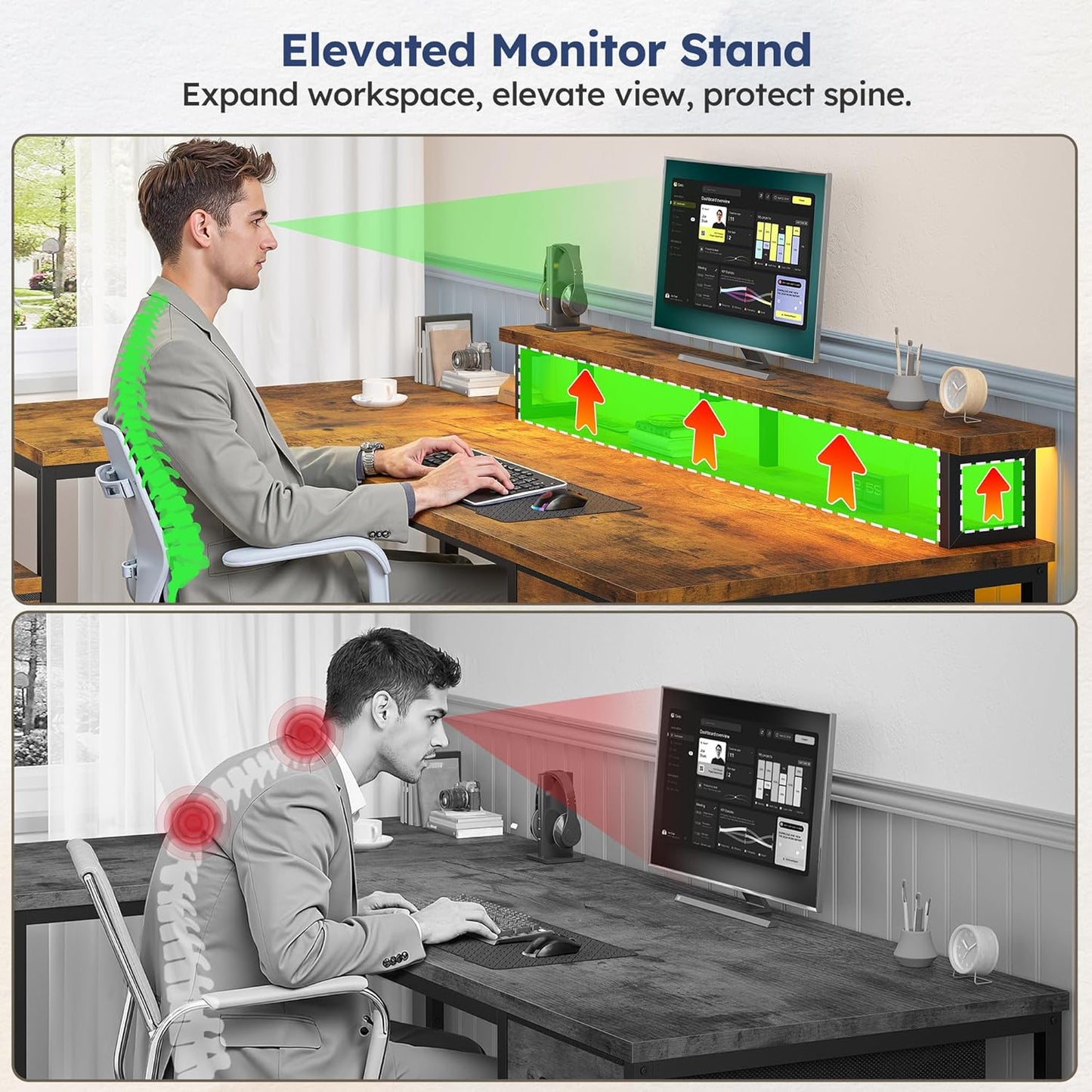 L Shaped Computer Desk with Drawers, Gaming Desk with LED Lights & Monitor Shelf, Office Desks with Power Outlets, Corner Desks for Home Office, Study Room and Bedroom, Rustic Brown