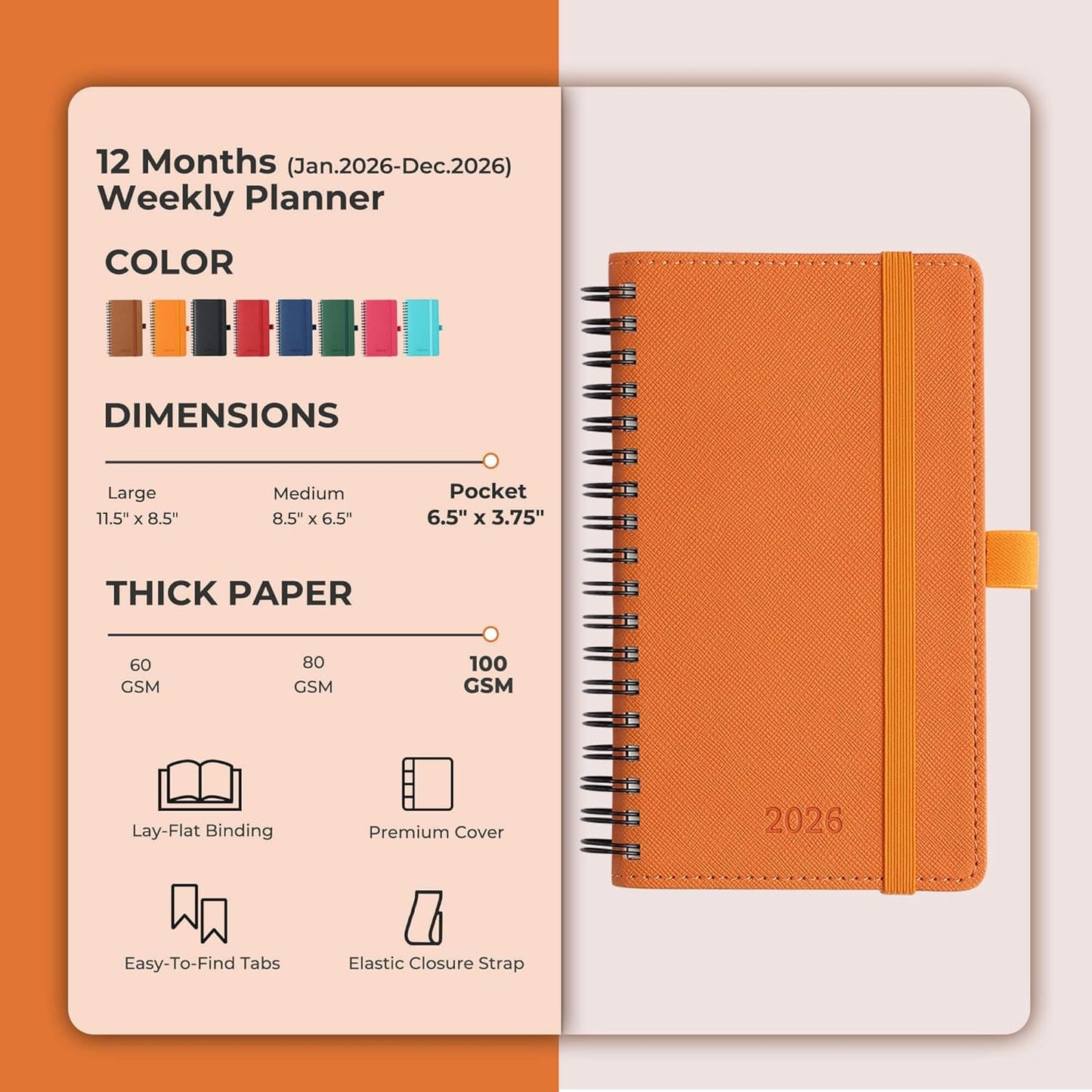 Planner 2026 Daily Weekly and Monthly,6.5"x3.75",12 Months Spiral Bound Calendar Agenda with Self-adhesive Pen Holder,2026 Appointment Book with Vegan Leather Soft Cover,Orange