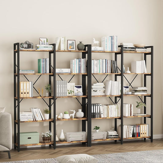 oneinmil 5 Tier Bookshelf Set of 2, 58.7'' Industrial Book Shelf, Wooden Bookshelves with 10 Open Display Shelves, Vintage Storage Rack, Standing Wide Bookcase for Home and Office, Rustic Brown