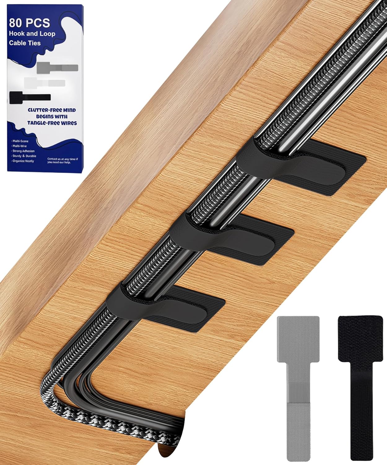 80PCS Hook and Loop Cable Ties, Hook and Loop Cable Straps, Under Desk Cable Management, Adhesive Cable Clips, Sticky-Back Cord Organizer for Desk, Household & Office Organization (Black+Gray)