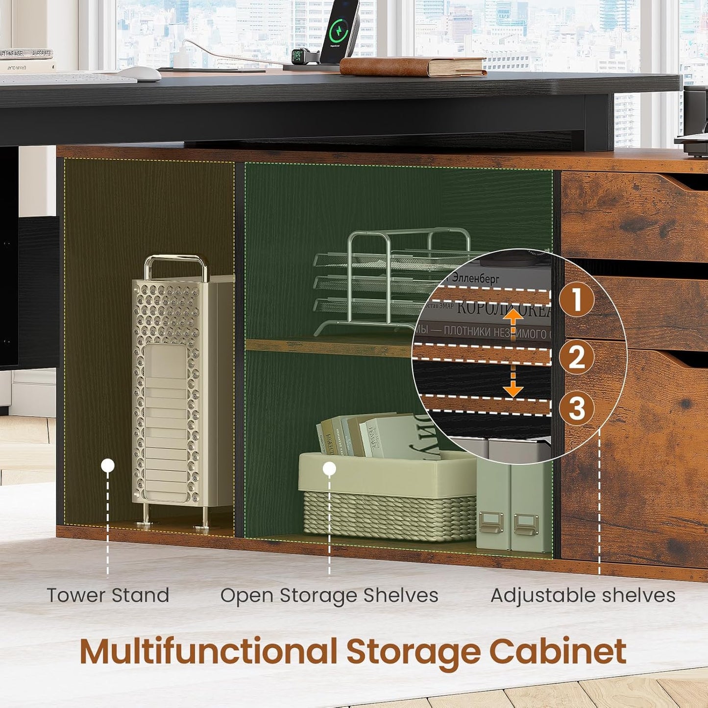 SEDETA 71" Executive Desk with File Cabinet, Large Office Desk with Drawers and Shelves, L Shaped Computer Desk with Power Outlets, Business Furniture Desk Workstation for Home Office, Brown