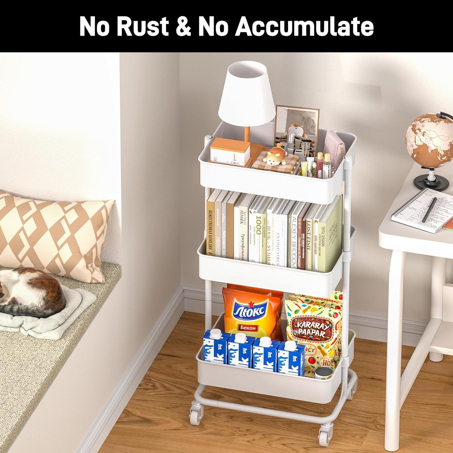 TECBOT 3 Tier Metal Rolling Cart with Wheels, Utility Storage Cart with Handle and Lockable Casters, Storage Basket Organizer Shelves, Easy Assemble for Kitchen, Living Room, Office, Nursery, White