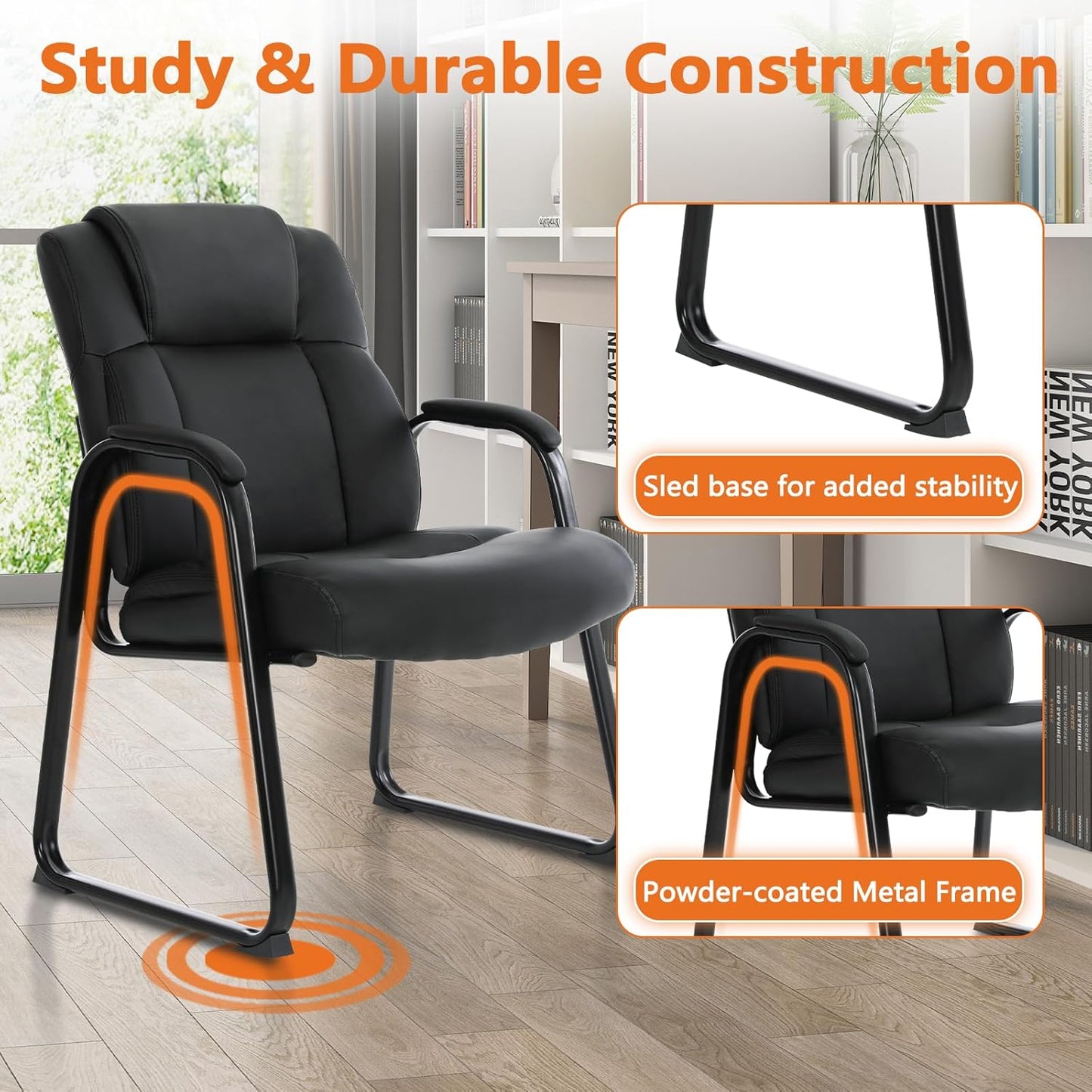 CLATINA Big & Tall 500 lb. Guest Chair, Leather Reception Chairs with Sled Base and Padded Arm Rest for Waiting Room Office Home and Meeting Conference-Black (4 Pack)