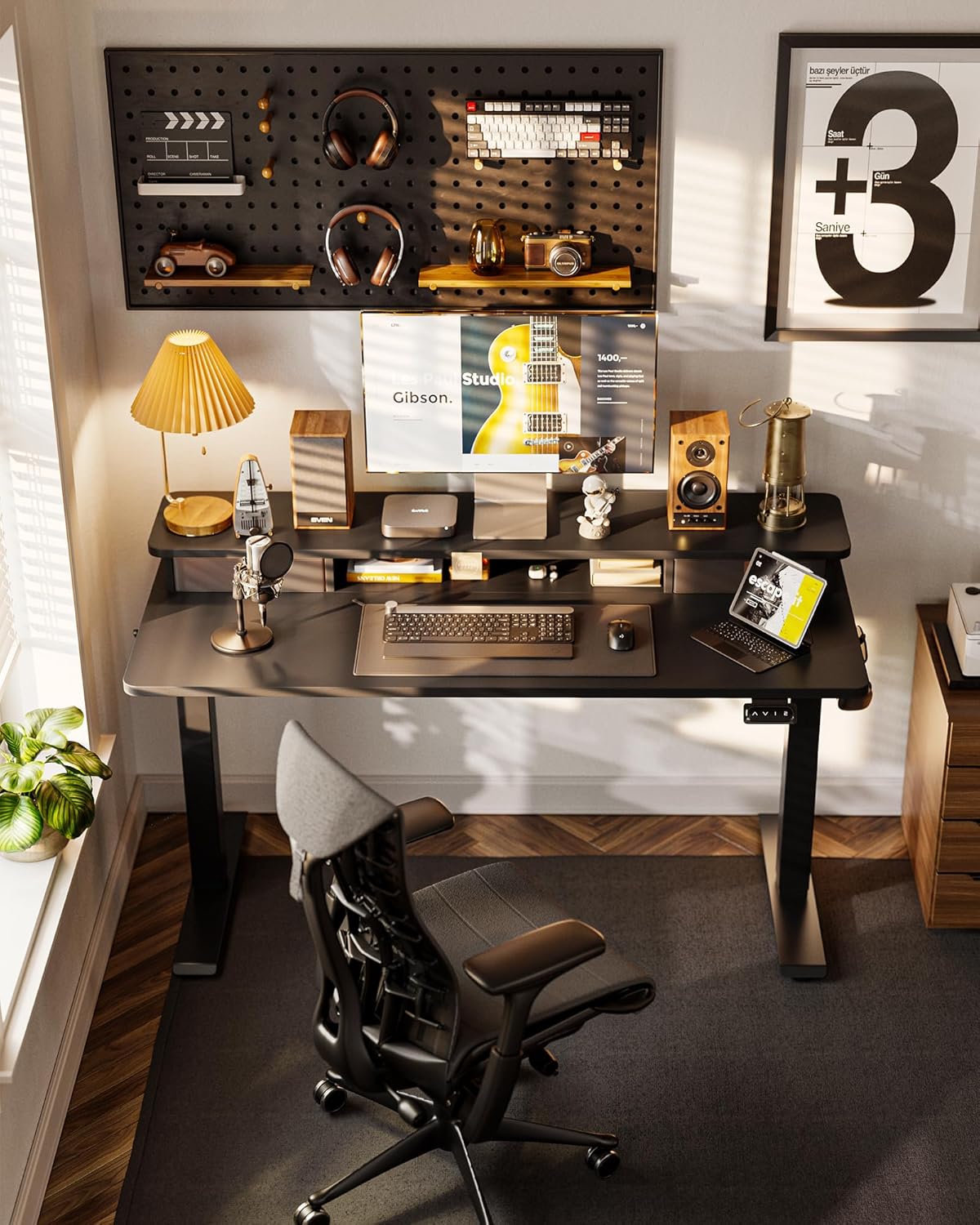 FEZIBO 60 x 24 Inch Height Adjustable Electric Standing Desk with Double Drawer, Computer Desk, Home Office Stand Up Table with 4 Height-Adjustable Feets & 2 Hooks, Black