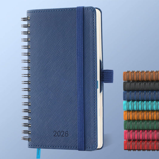 Planner 2026 Daily Weekly and Monthly,6.5"x3.75",12 Months Spiral Bound Calendar Agenda with Self-adhesive Pen Holder,2026 Appointment Book with Vegan Leather Soft Cover,Blue