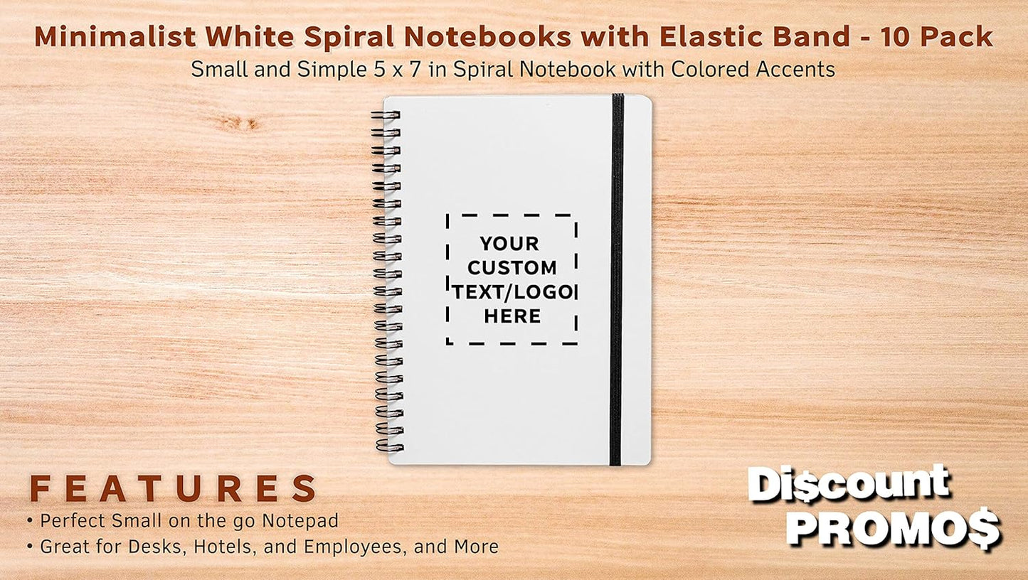 10 White Spiral Notebooks with Elastic Band Pack - Customizable Text, Logo - 80 lined pages, Recycled - Black