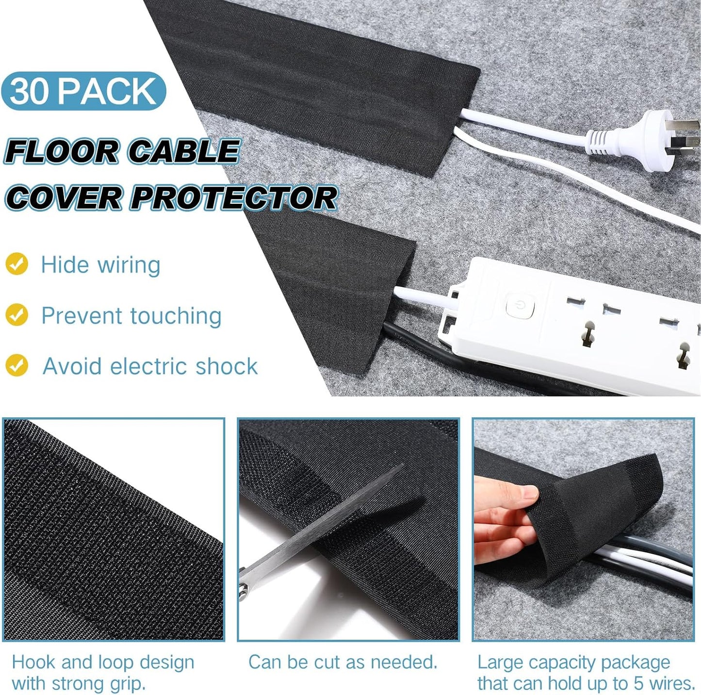 WILLBOND Cable Grip Floor Cable Cover Cords Cable Protector Cable Management Only for Commercial Office Carpet (Black,295.28 ft)
