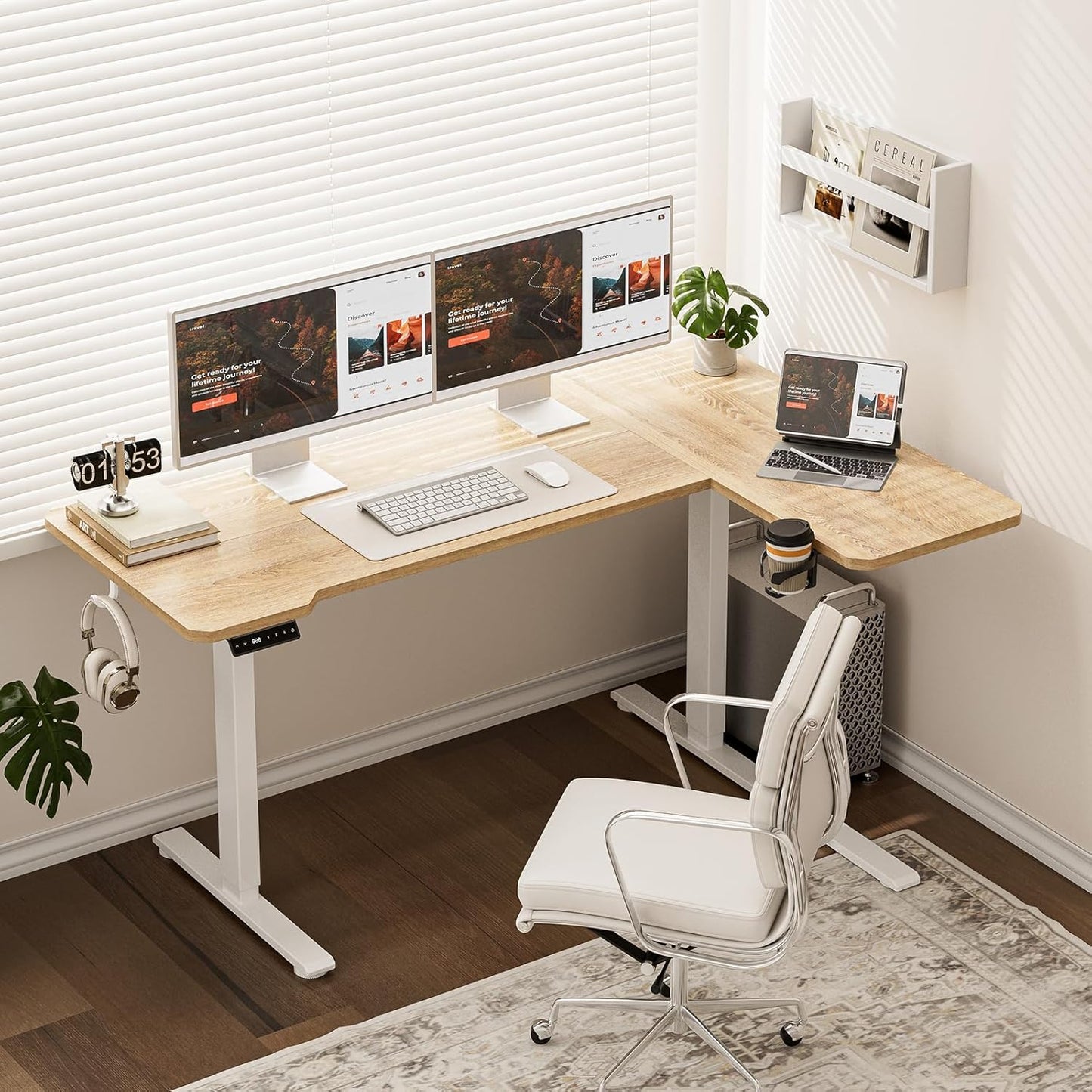 71" Reversible L-Shaped Electric Standing Desk Adjustable Height Gaming Stand Up Corner Desk Sit Stand Home Office Computer Desk with Splice Board, Basswood