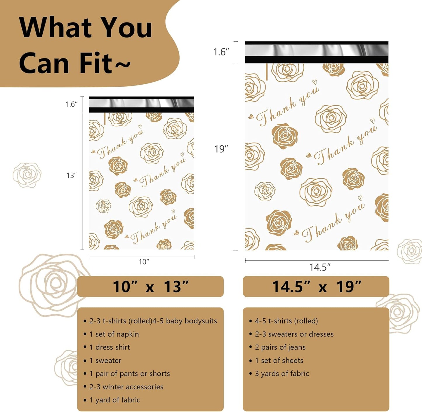 Thank You Poly Mailers 14.5x19 Inch 50 Pcs - Gold Rose Printed Shipping Bags for Clothing - Waterproof and Tear Resistant Mailing Envelopes - Self-Sealing Packaging Bags for Small Business