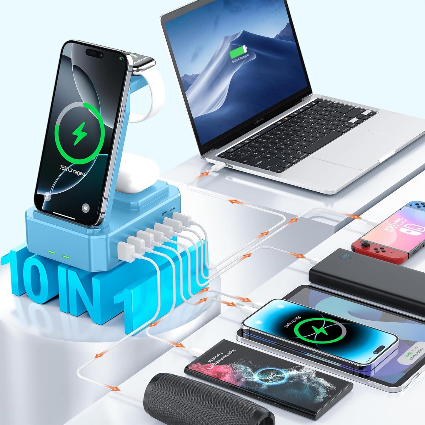 300W Charging Station for Multiple Devices Apple, Zutspzss 10 in 1 Wireless Charger for iPhone 16, GaN III USB C 65W PD Fast Charging Stand Dock for Apple Watch&Airpods,Blue