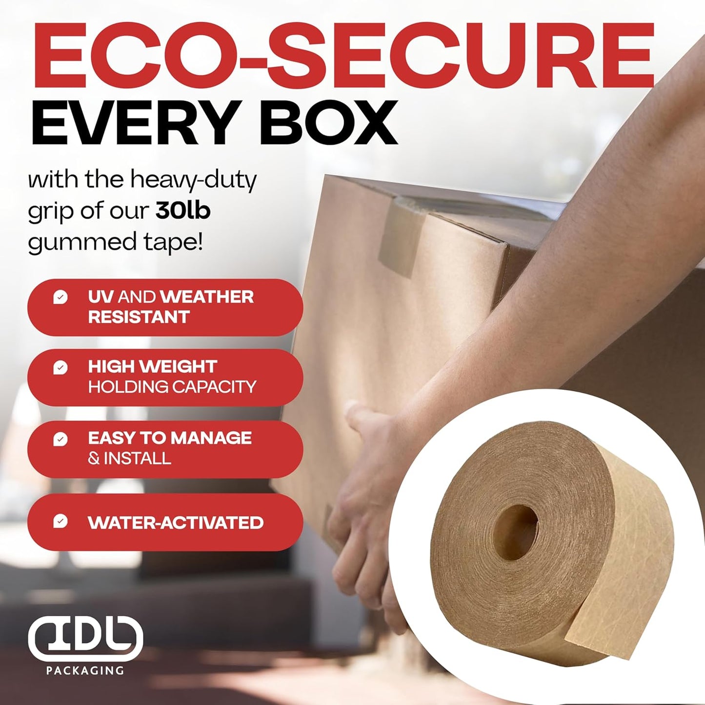 IDL Packaging 2.83" x 450 feet Reinforced Water-Activated Kraft Gummed Tape 30lb Thickness - Secure Paper Packing Tape for Secure Carton Sealing - Heavy-Duty Adhesive for All Conditions, Brown