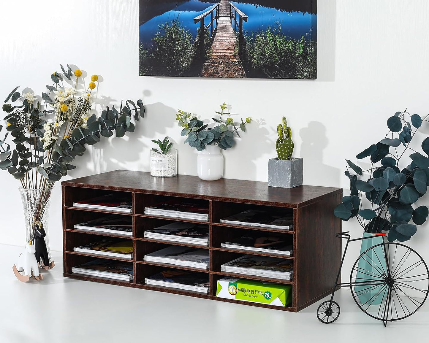 PAG Mail Sorter, Wood Countertop Literature Organizer, Student Mailbox for Classroom, Desktop Bill Paper Organizer for Office Home School, 12 Compartments, Brown