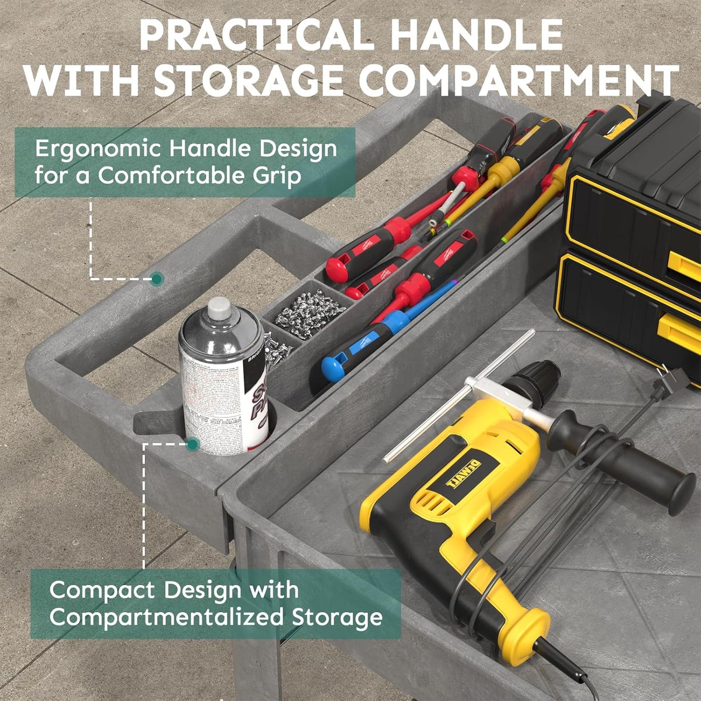 Utility Cart on Wheels, 1000 lbs Capacity Rolling Service Cart, 45 x 25 Inch Work Carts, 2 Shelf Heavy Duty Plastic Tool Cart, Lipped Shelves, for Warehouse, Garage, Cleaning, Gray