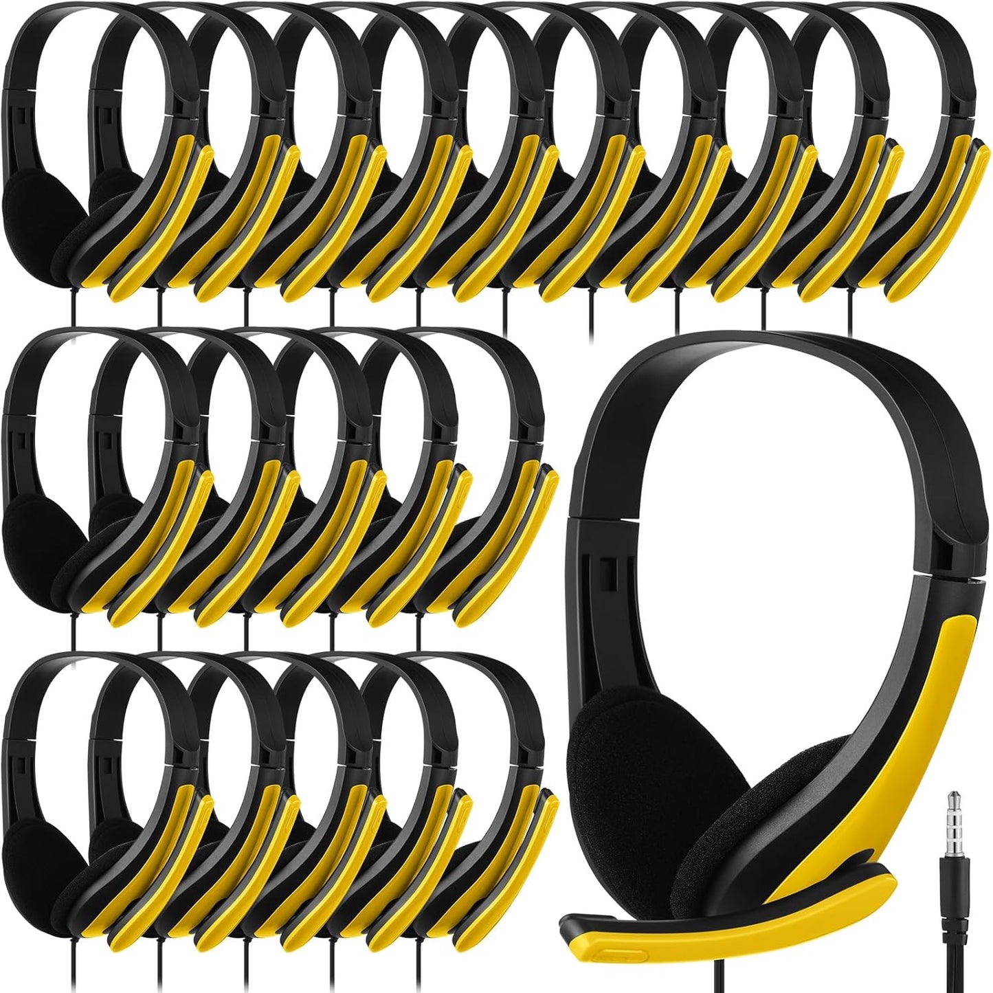 Yunsailing 20 Pack Bulk Classroom Headphones with Microphone Students Kids Wired School Class Set Headphones for School Library Computer Office Adults 3.5 Jack Universal Plug(Yellow)