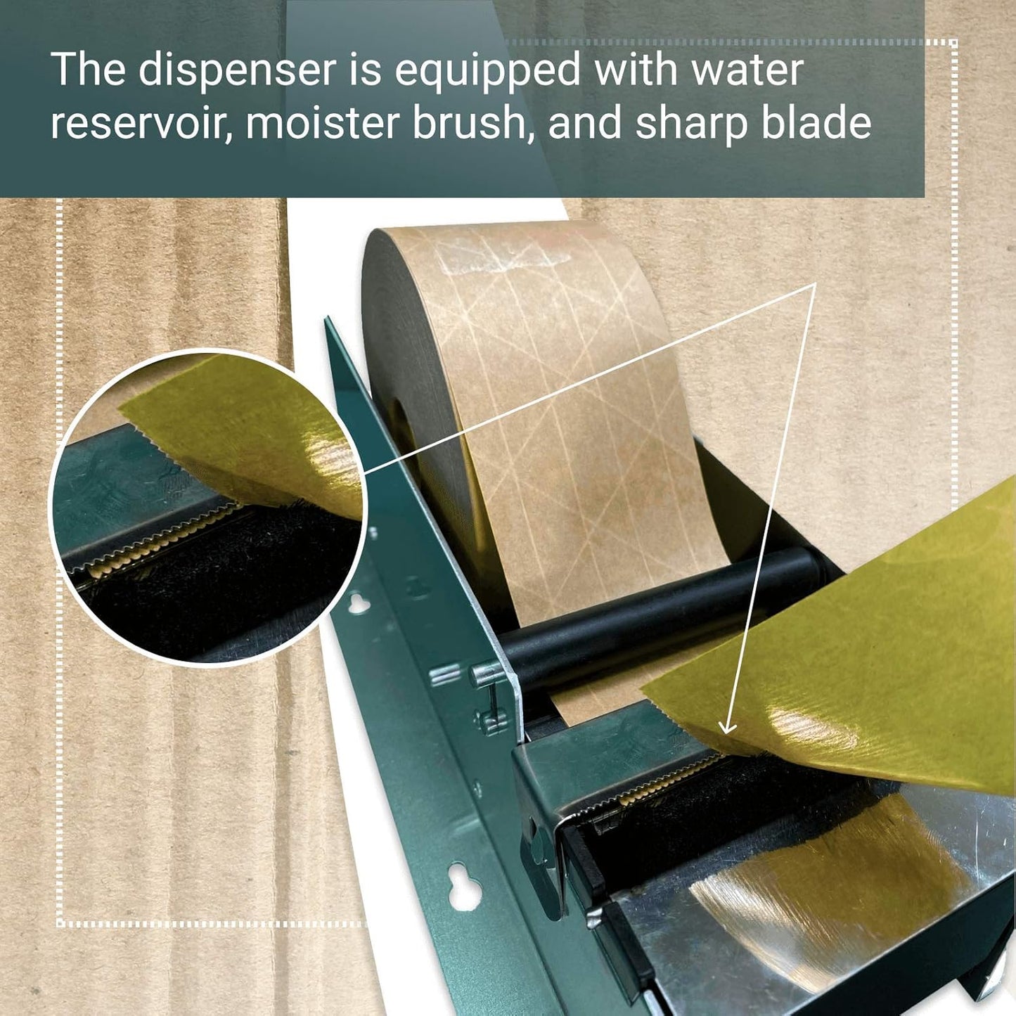 IDL Packaging Dispenser with 2 Rolls of Reinforced Water-Activated Kraft Gummed Tape, Water Reservoir & Moister Brush