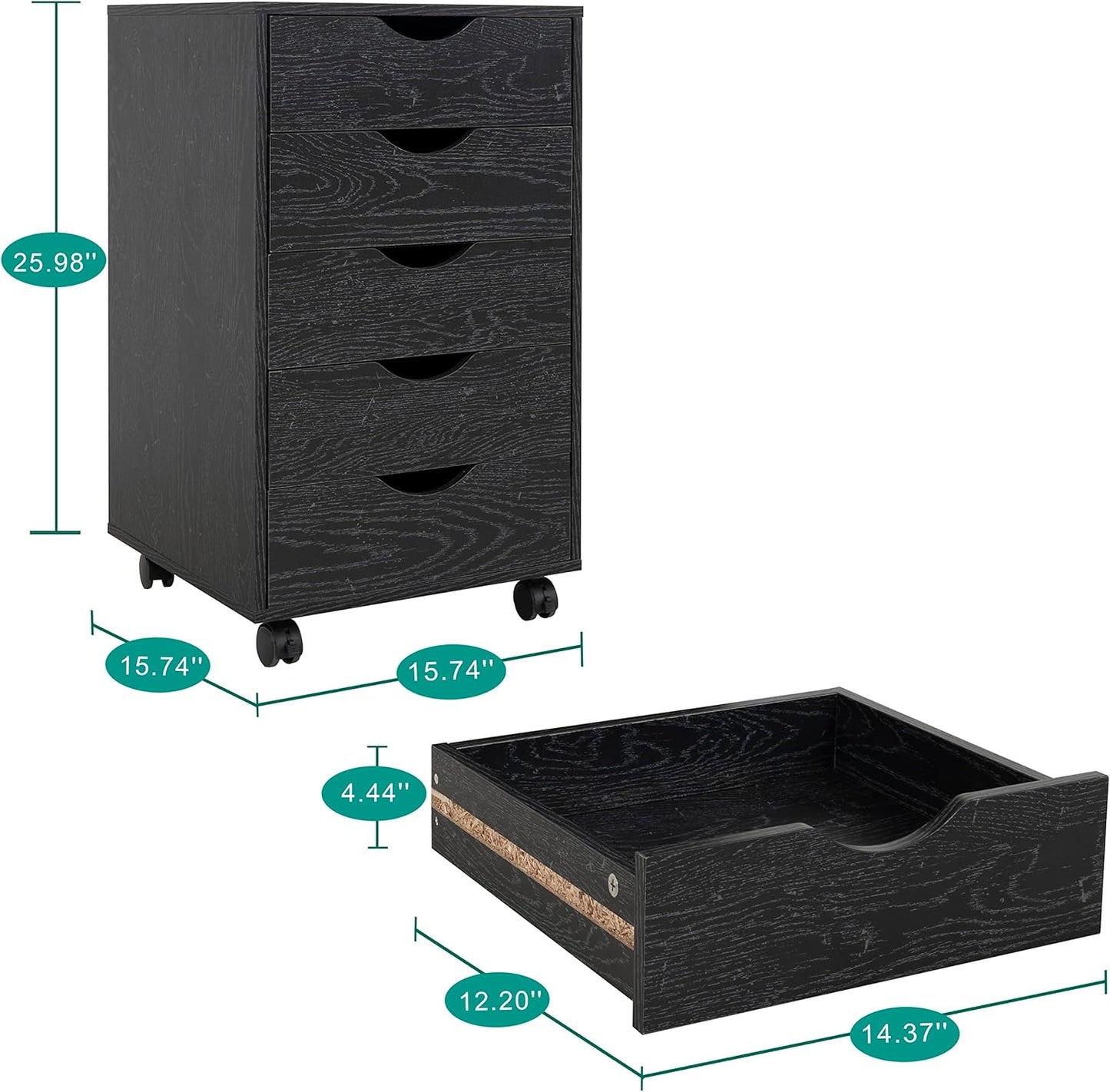 Naomi Home 5 Drawer Office Storage File Cabinet Under Desk Cabinets for Organization Filing with Wheels, Printer Stand Storage, 180 lbs Capacity, Distressed Black (11397AM)