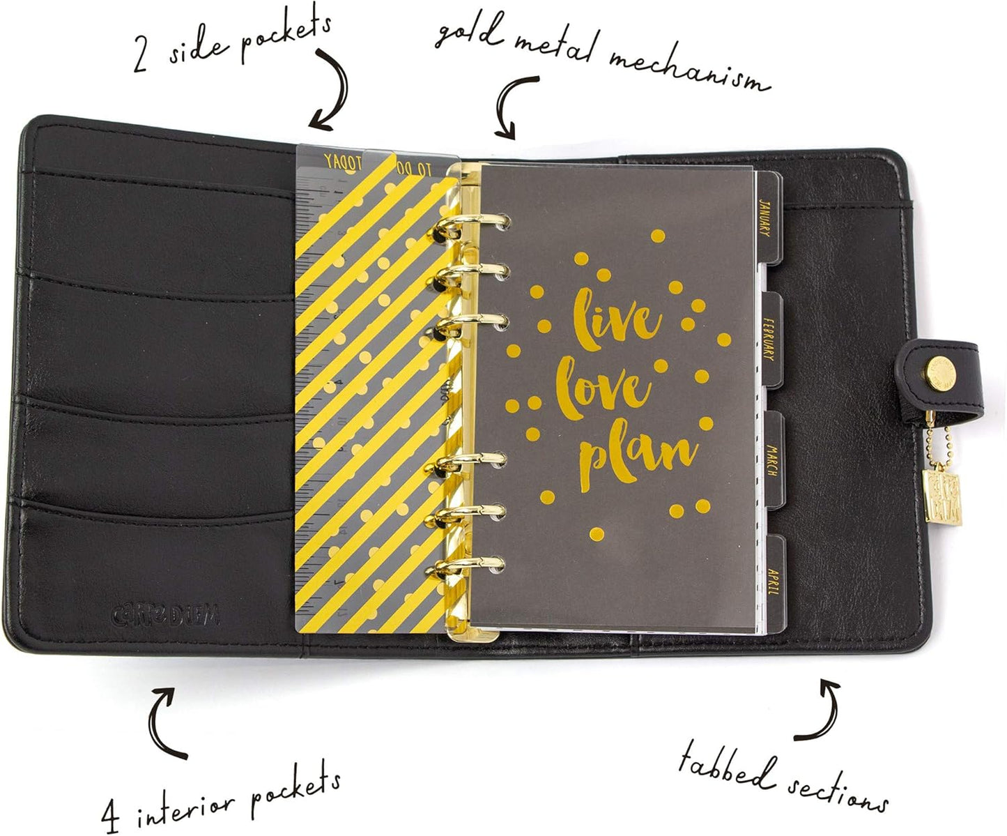 Pukka Pad, Carpe Diem Personal Planner - Soft Cover Binder with Weekly, Monthly Undated Inserts in Tabbed Sections, Interior Pockets and Sticker Sheets - 8 X 7.5 X 1.4 Inches, Black