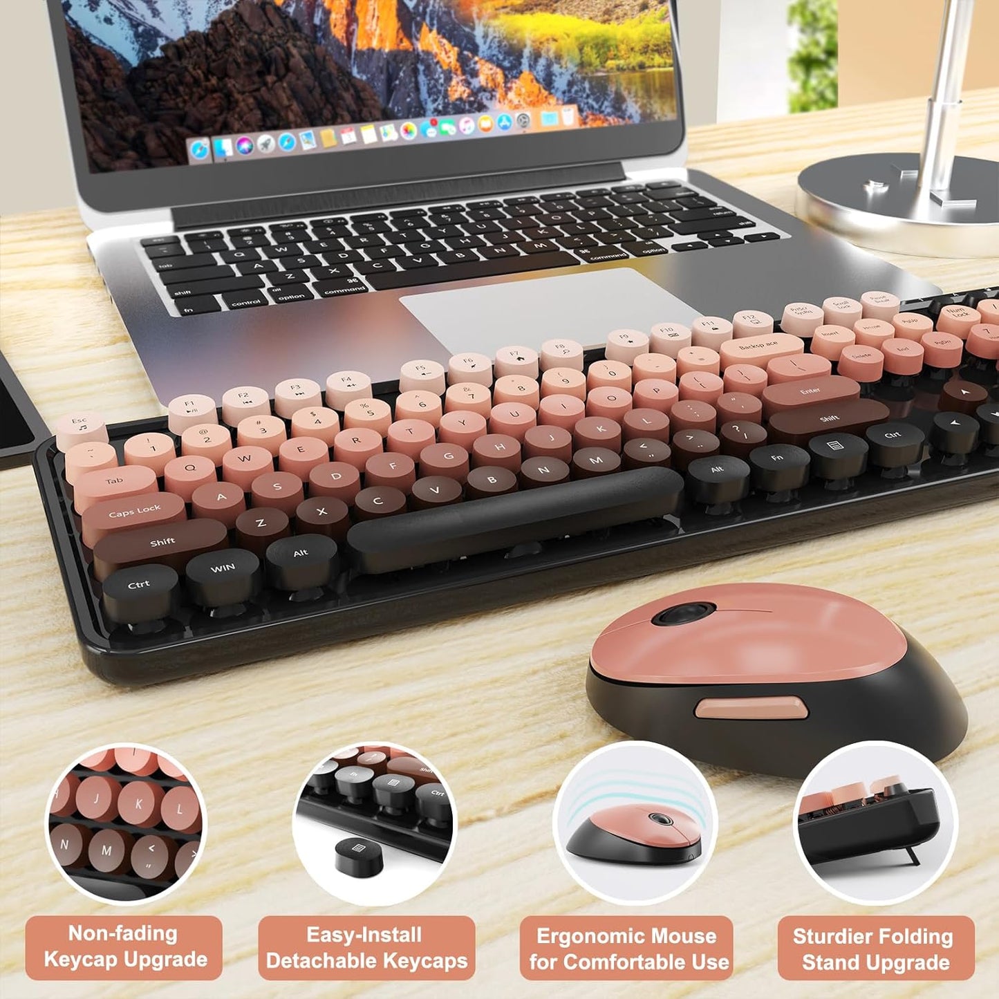 Wireless Keyboard and Mouse Combo, Ergonomic Full Size Typewriter Retro Round Keycaps Keyboard, Compatible with Windows, PC, Perfer for Home and Office Keyboards (Aurora Red)