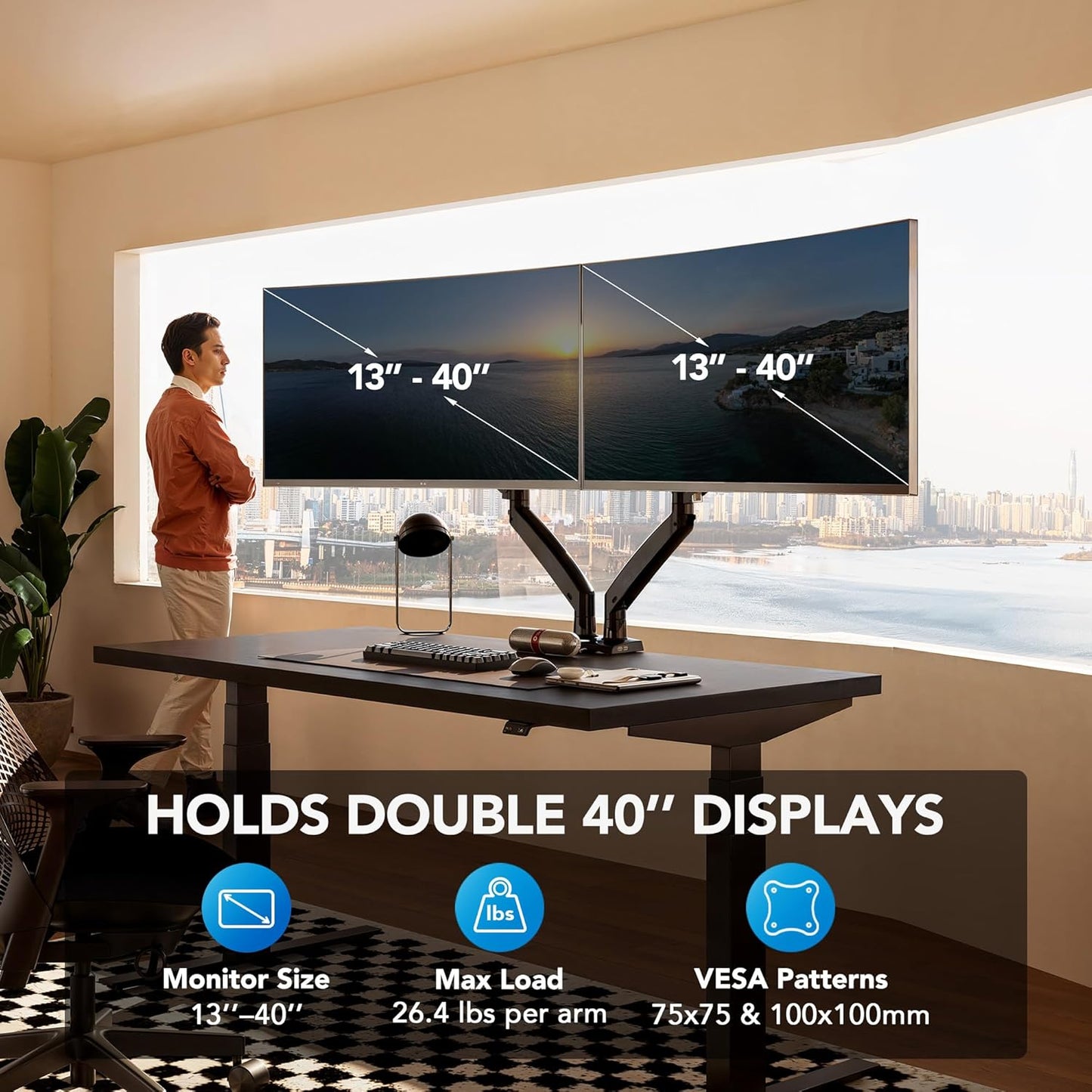 HUANUO Dual Monitor Stand for 13 to 40 inch, Premium Dual Monitor Mount with USB, Height Adjustable Monitor Stand for 2 Monitors, VESA Mount with Clamp/Grommet Base, Each Arm Hold up to 26.4lbs, HNDS7