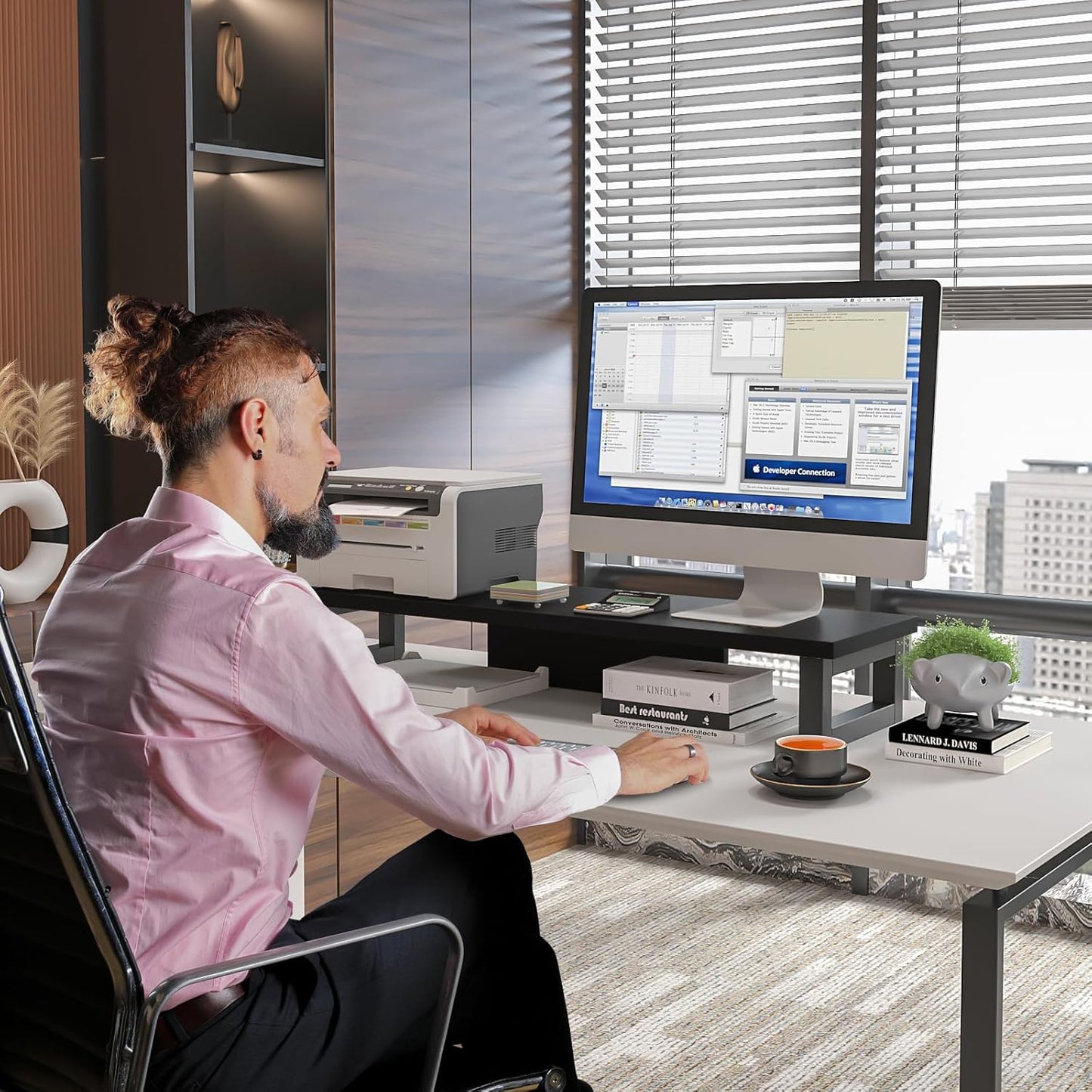 WESTREE Dual Monitor Stand Riser, Wood and Steel Monitor Stand Riser, Computer Monitor Stand for 2 Monitors, Multi-Purpose Desktop Storage Stand for Computer,Laptop,Printer,TV