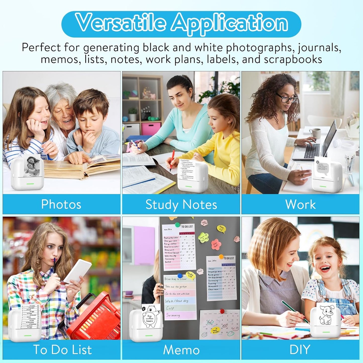 HuiJuKeJi Mini Sticker Printer Bluetooth Smart Pocket Inkless Thermal Printer with 11 Rolls Thermal Paper and Sticker for iOS&Android, Portable Receipt Printer for Photo Journal Notes Memo