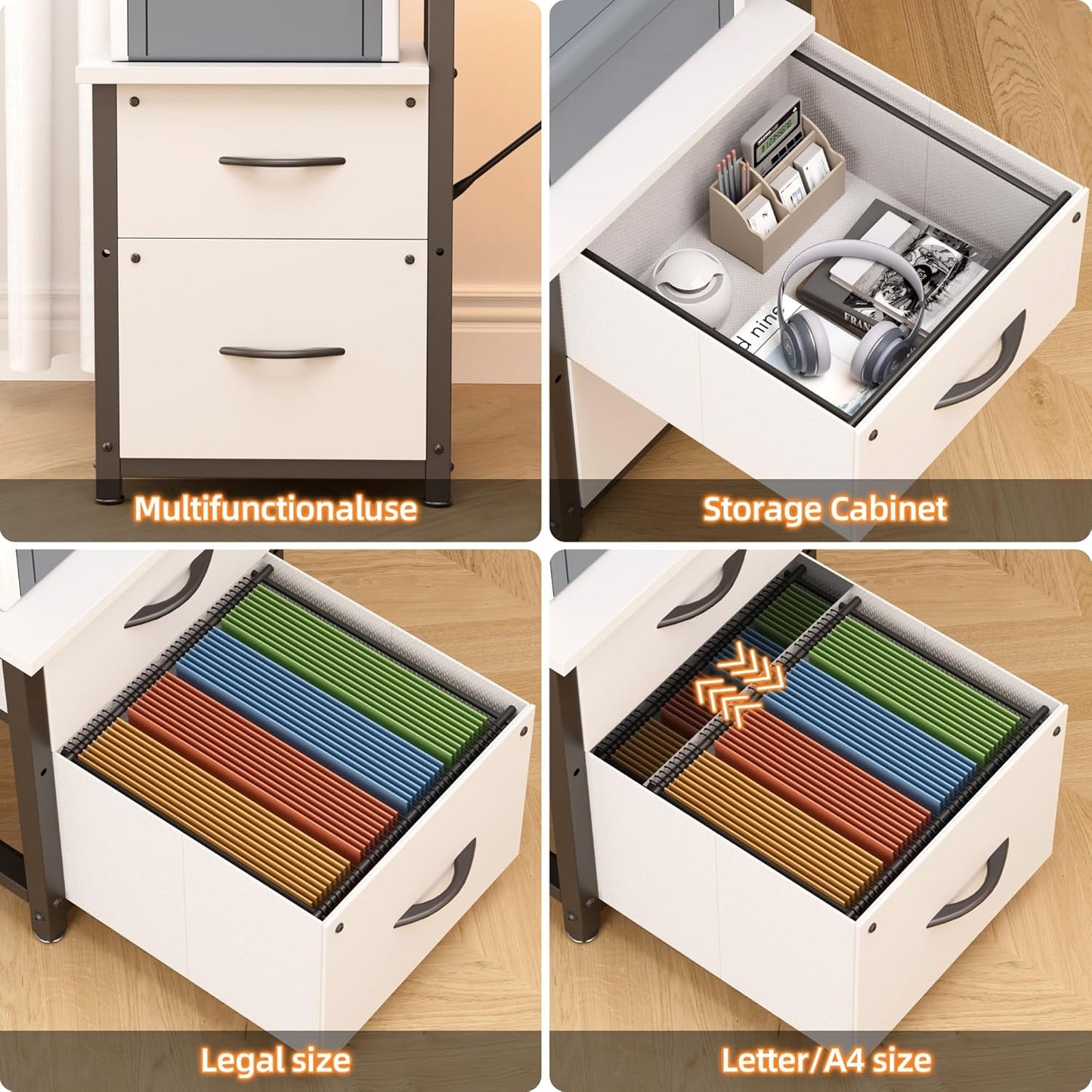 YOUNGAR 69.3" Home Office Desk with Storage, Reversible L Shaped Computer Desks, Corner Gaming Office Desk with 2 File Drawers&Power Outlet, White