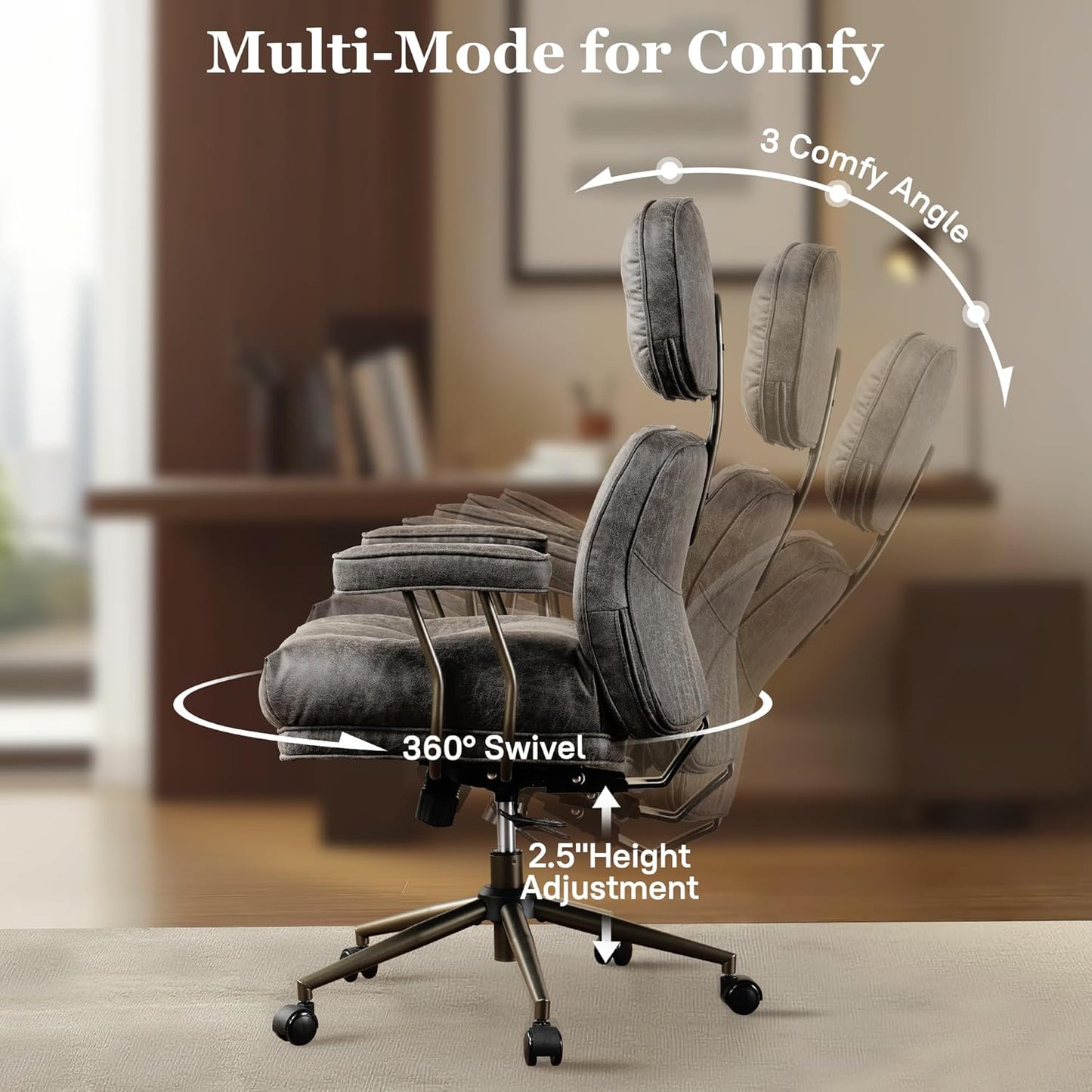 Mid Century Modren Big and Tall Office Chair,Large Ergonomic Executive Chair for Heavy Duty People, Computer Desk Task Chair with Wheels, Faux Lether Fabric Wide Chair for Home Sturdy,Grey