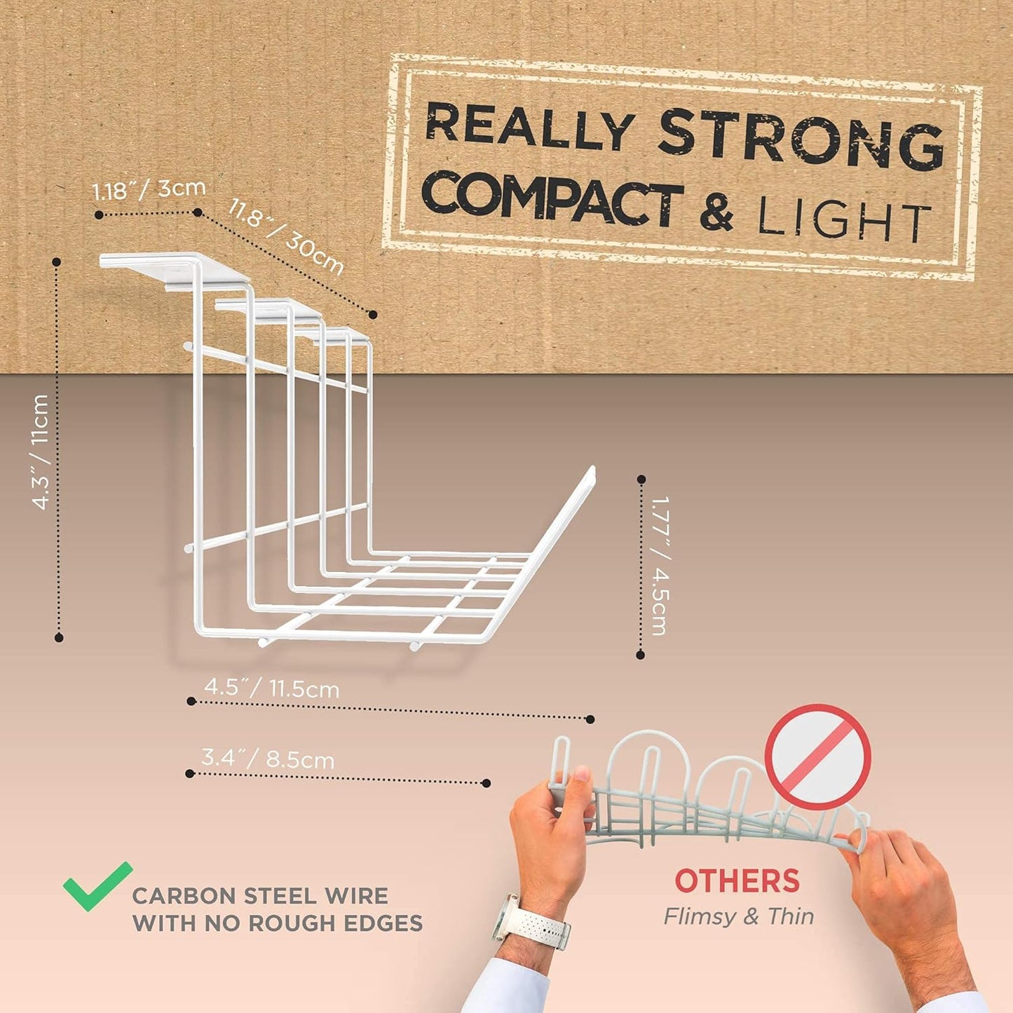 Compact Under Desk Cable Tray Organizer – Wire Management Set, White (2-Pack, 12")