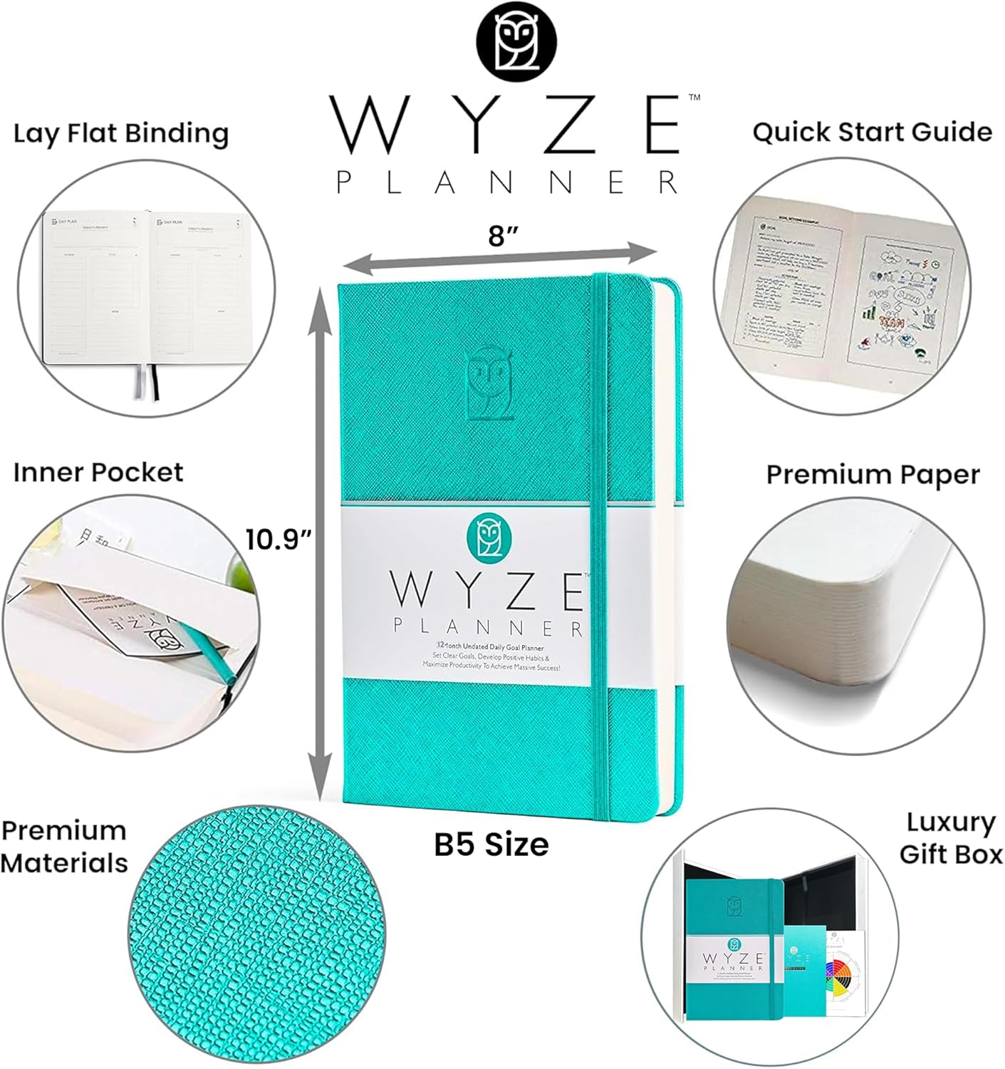 Undated Daily Planner – 1-Year B5 Productivity Organizer with Two-Page Weekly Spread, Goal Setting, Habit Tracker, Weekly & Monthly Pages – Hardcover Time Management Notebook (Turquoise)