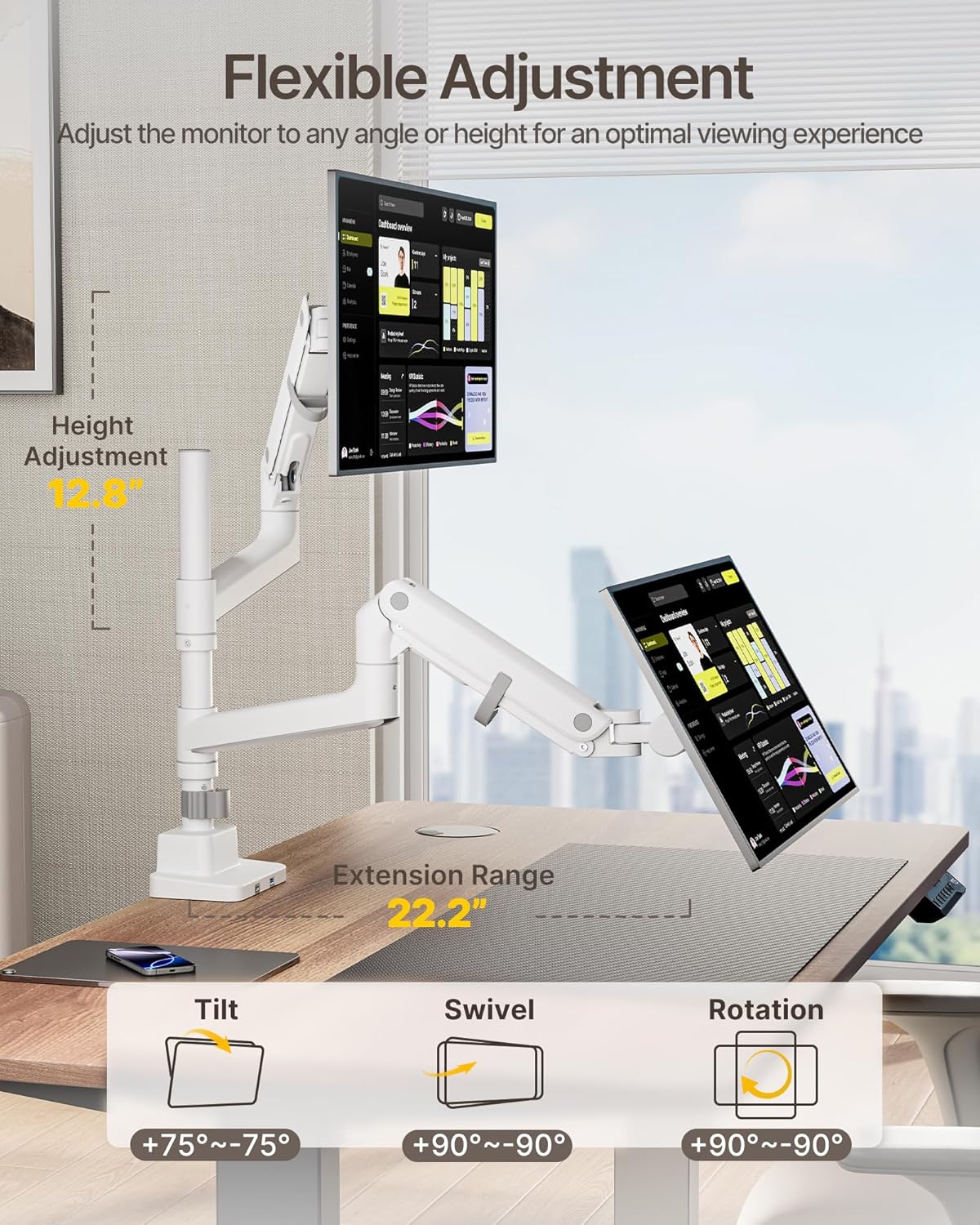 monTEK 17-57 Inch Dual Ultrawide Monitor Arm for Up to 59.4lbs Screen, Aluminum Heavy-Duty Gas Spring Vertical Stackable Curved Screen Adjustable Monitor Stand,75/100mm Vesa Mount, White
