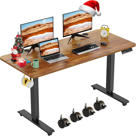 farexon Electric Standing Desk Adjustable Height, 48x 24 Inches Sit Stand Up Computer Desk with Double Metal Hook，4 Memory Preset Heights, 27''-46'' Lifting Range for Home/Office（Brown）