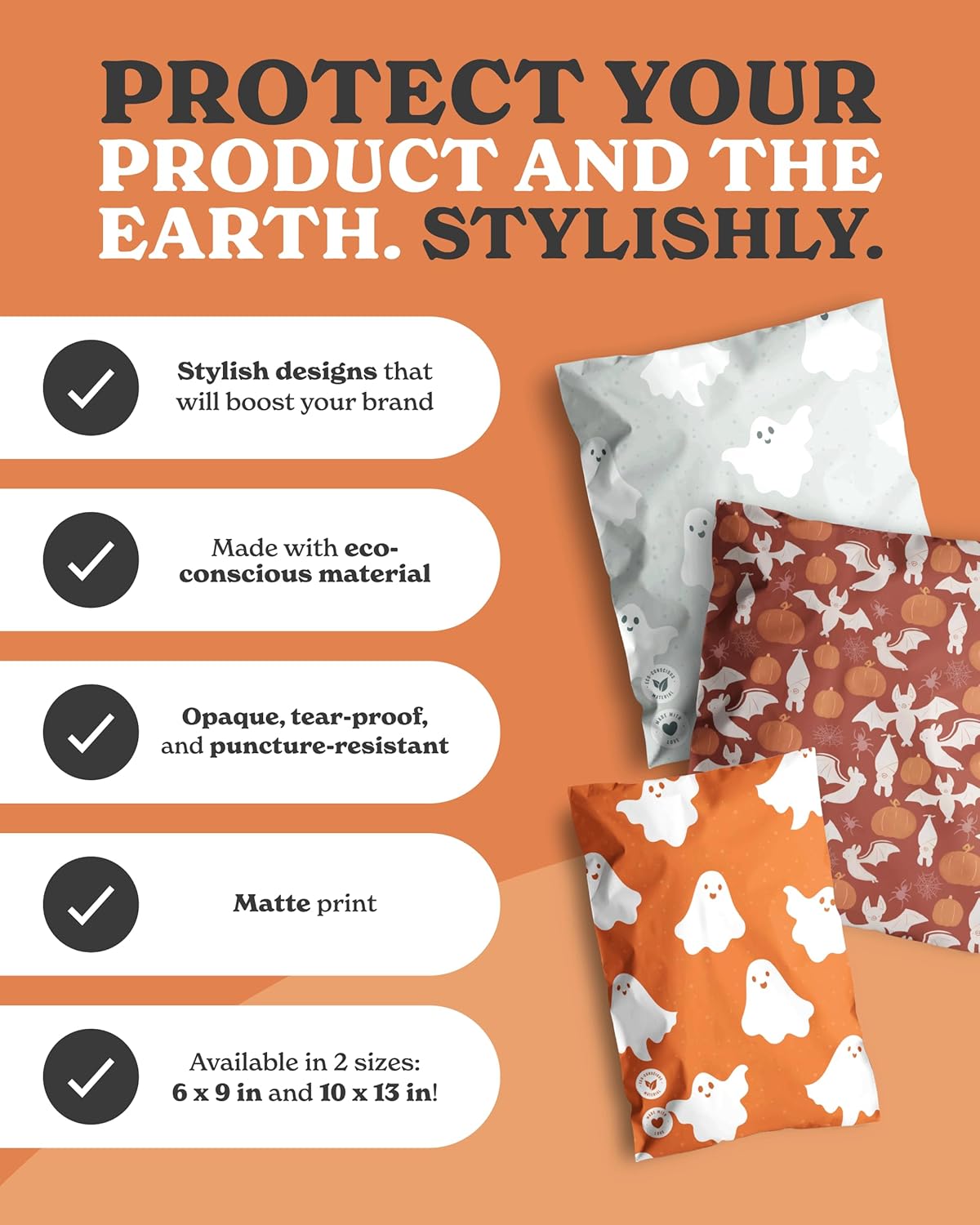 Impack Biodegradable Poly Mailers - Self Sealing Thick Envelopes - Water and Moisture Proof Book Mailers - Durable Material Packaging for Clothes & Accessories (Ghosts Pumpkin 25pack, 6x9 Inch)