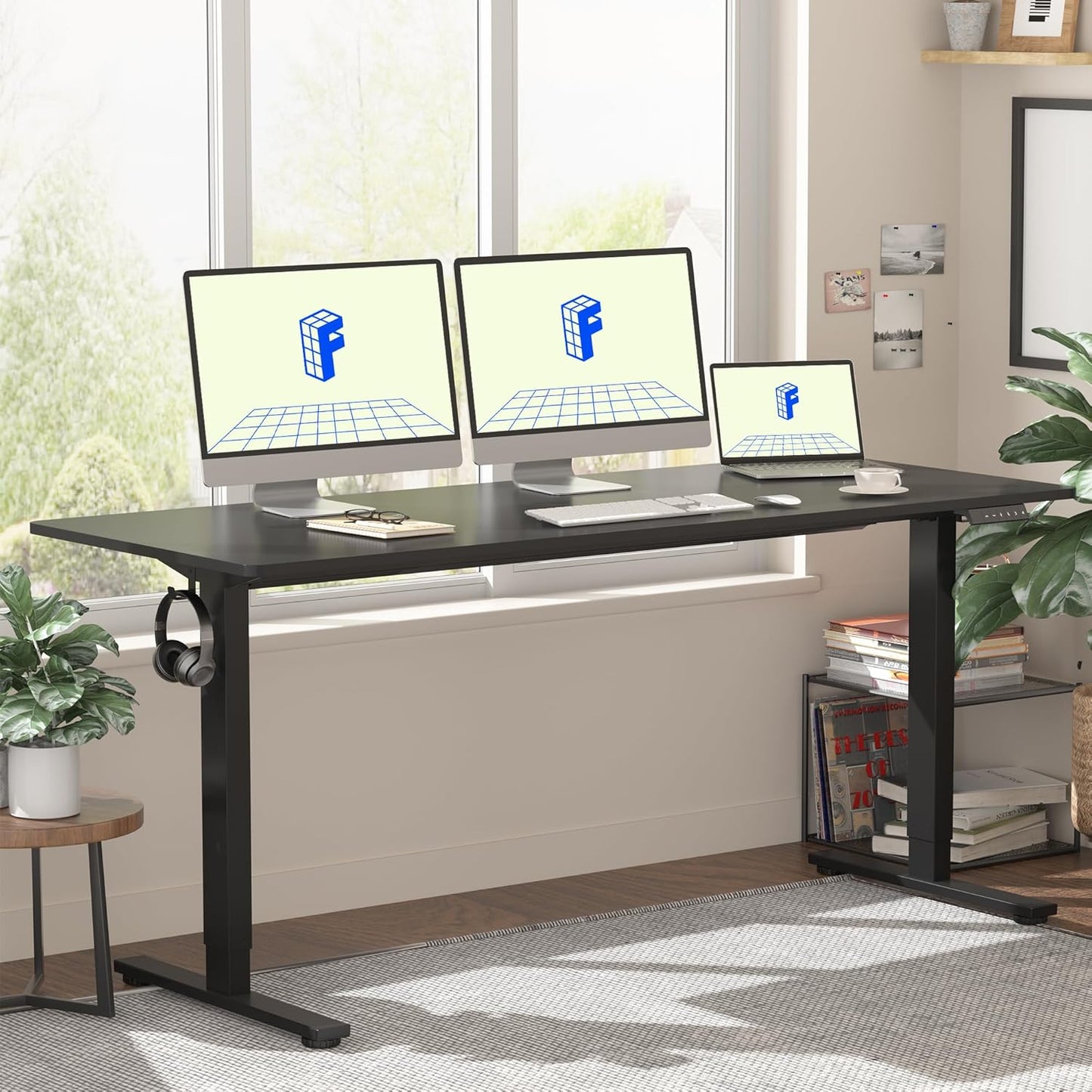 FLEXISPOT EN1 Whole Piece Standing Desk, 60 x 24 Inches Height Adjustable Desk Electric Sit Stand Desk for Home Office (Black Frame + 60" Black Desktop, 2 Packages)