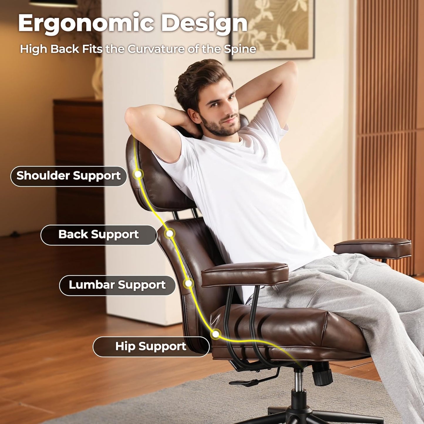 ovios Ergonomic Home Office Chair, Mid-Century Modern Faux Leather Chairs with Thickened Cushions, Comfy High Back Swivel Rolling Executive Computer Armchair (Dark Brown, PU Leather)