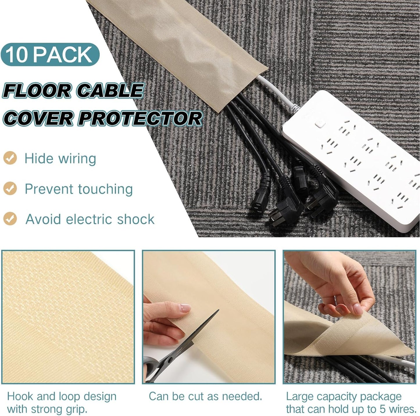 WILLBOND Grip Floor Cable Cover Cords Protector Management Only for Commercial Office Carpet(98.43 ft,Khaki)