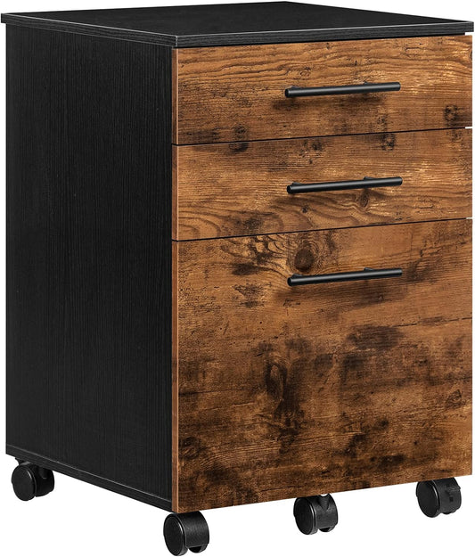 HOOBRO 3-Drawer File Cabinet, Wooden Under Desk Filing Cabinet, fits A4/Letter Size for Home Office, Small Rolling Storage Drawer Chest, Printer Stand with Drawers, Rustic Brown and Black BF02WJ01G1