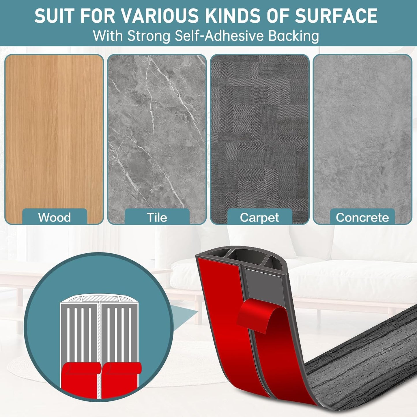 Floor Cord Cover Self Adhesive Cord Hider Floor Extension Cord Covers for Floor Power Cord Protector Cable Management Prevent Cable Trips Cable Cavity 0.59" W x 0.31" H (Deep Grey Wood, 20Ft)