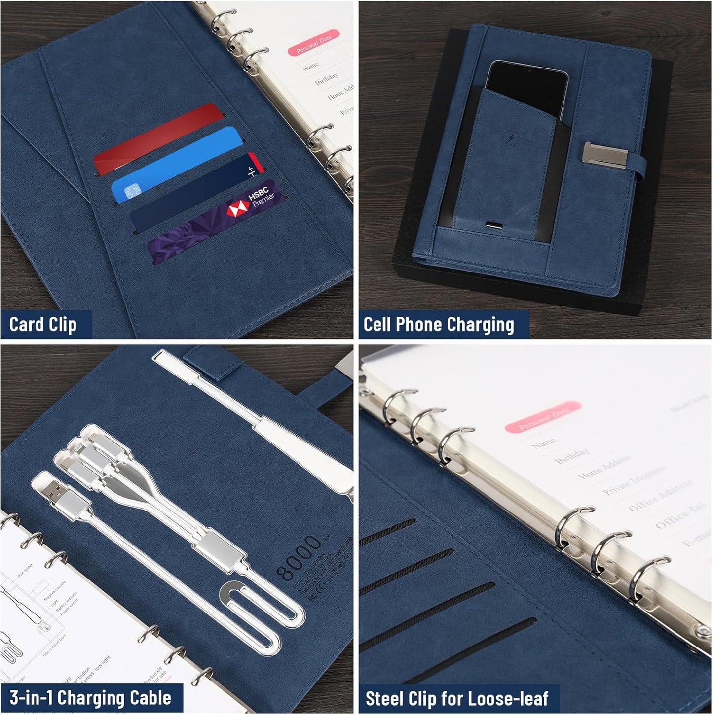 Premium Refillable Planner & Notebooks For Work,Rocketbook Notebook,With 8000mAh Power Bank, Book Light,3 in 1 Charger Cable,Card Holder,16G Thumb Drive,Used for Studying, Or Creating (Blue)
