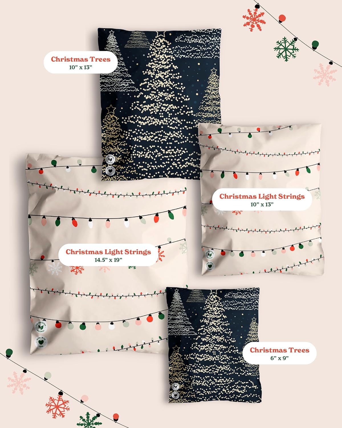 Impack Biodegradable Mailers - Flat Shipping Bag, Waterproof-Printed Mailing Bags-Thick Mailing Envelope for Accessories & Clothing, Self Sealing Envelope (Christmas Trees 25pack, 10x13 Inch)