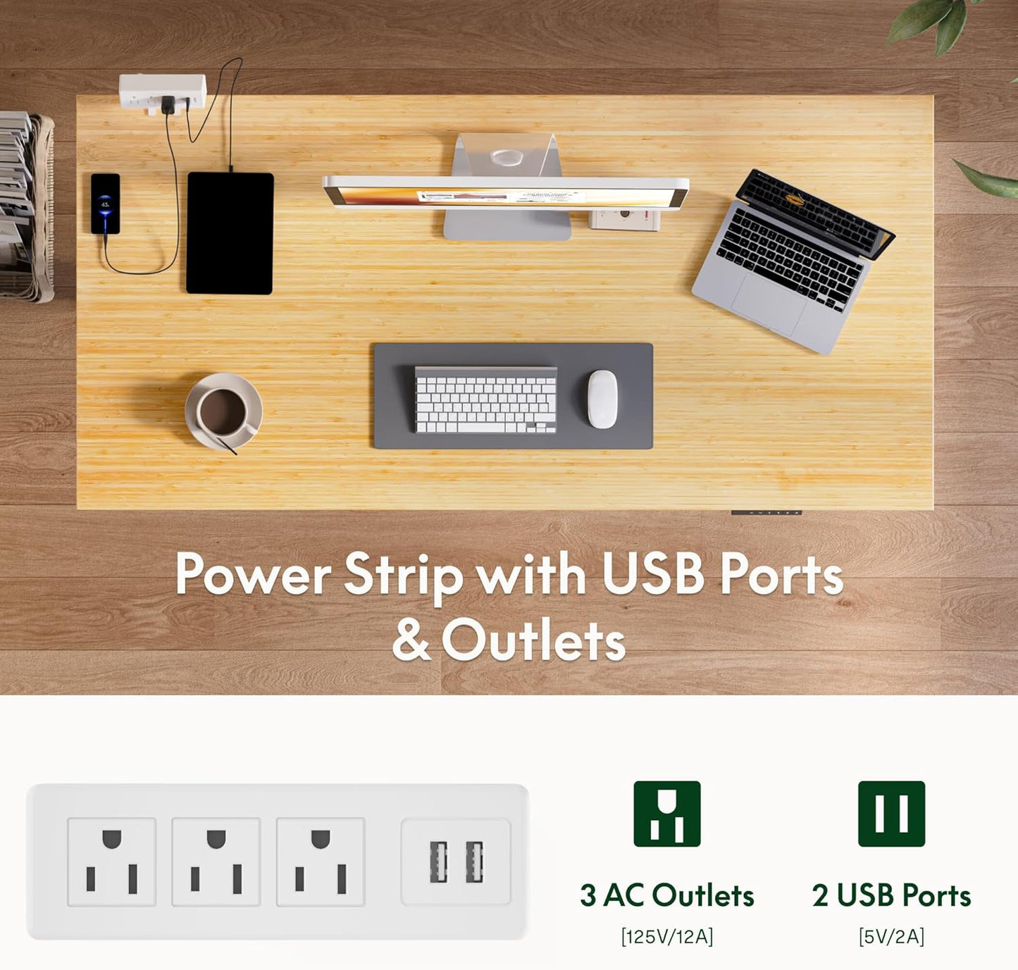 FLEXISPOT EN2 Whole-Piece Bamboo Standing Desk with Clamp Power Strip, 48 x 24 Electric Stand Up Height Adjustable Desk with Cable Management (White Frame + 48" Bamboo Top, 2 Packages)