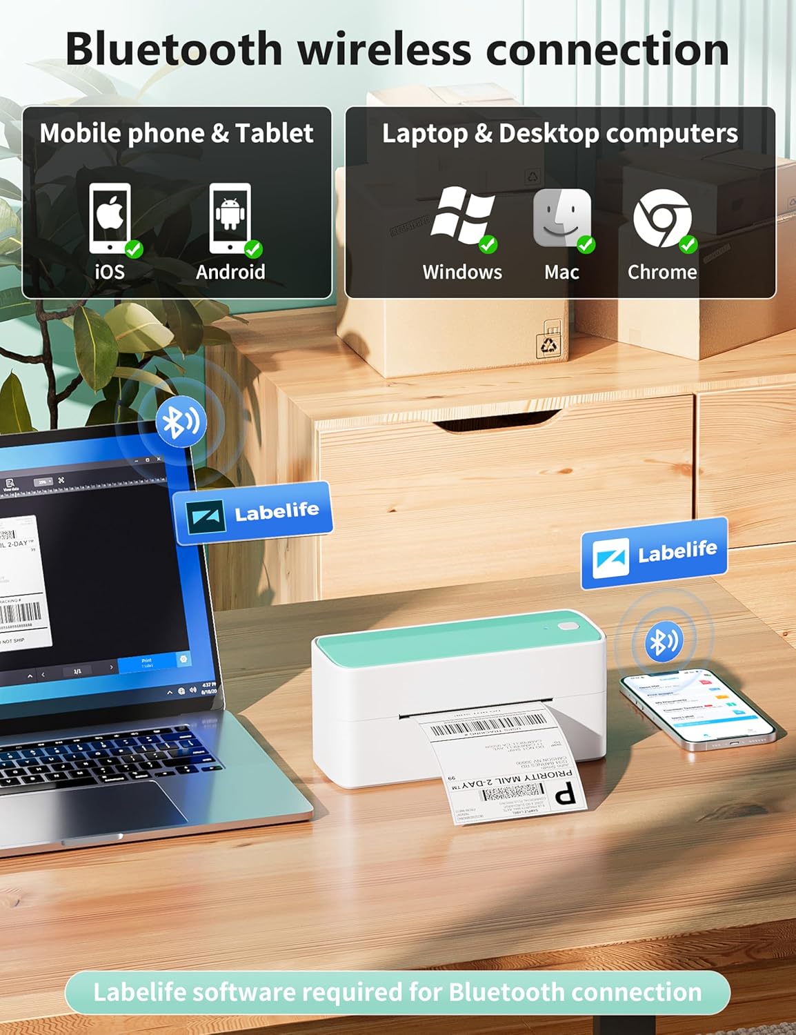 Phomemo Bluetooth Thermal Shipping Label Printer, 241BT Wireless Thermal Label Printer for Shipping Packages, Inkless Thermal Shipping Label Printer, Compatible with iPhone, Android, Green