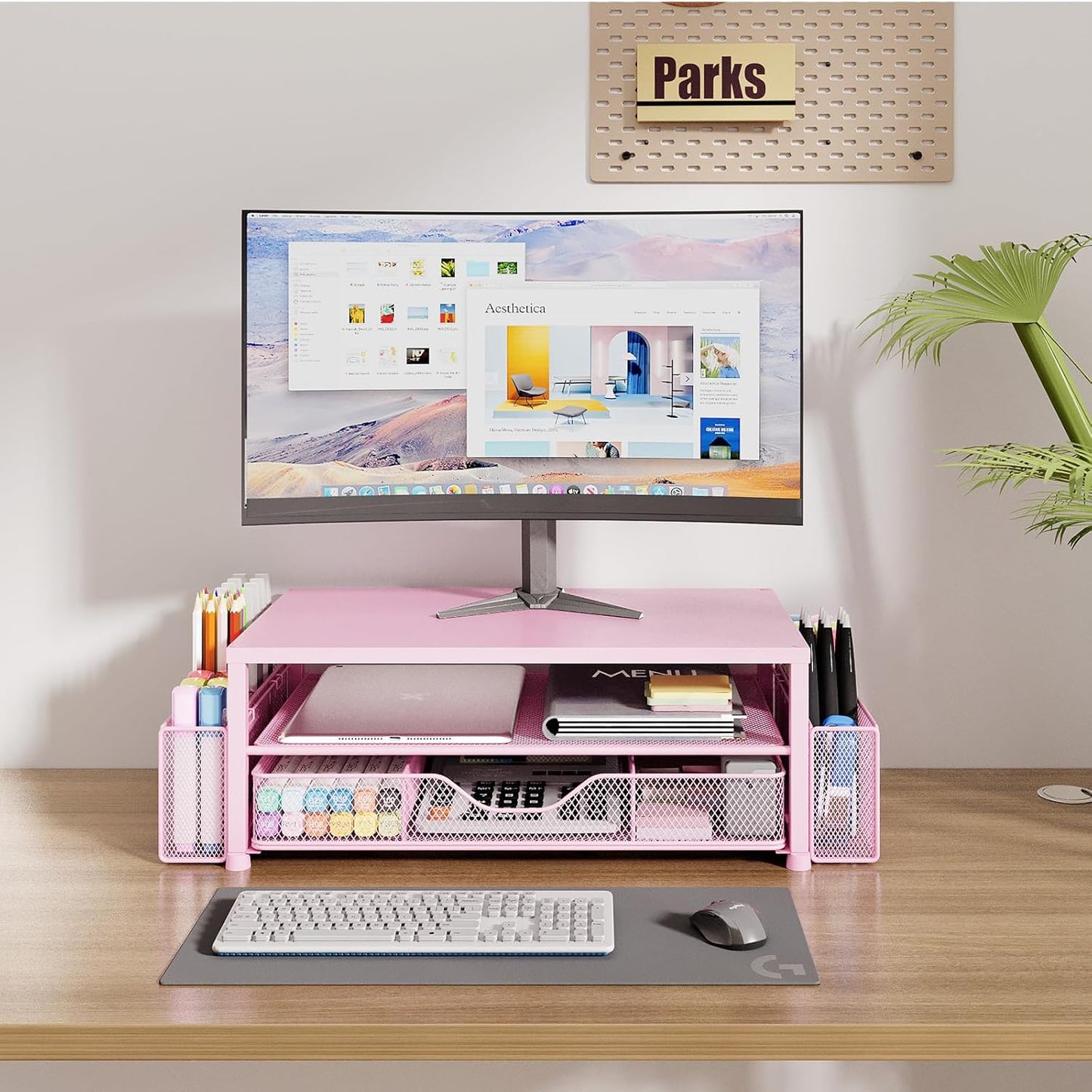 Desk Organizers and Accessories, 2-Tier Computer Monitor Stand Riser with Drawer and 2 Pen Holders, Laptop Stand, Office Desk Accessories for Office Supplies, Pink