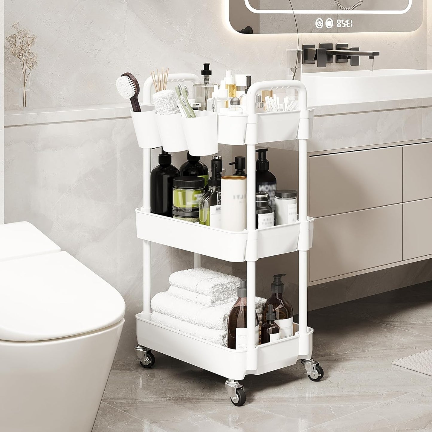 UDEAR 3-Tier Rolling Utility Cart,Multifunctional Storage Shelves with Handle and Lockable Wheels for Room,Office,Kitchen,Bathroom,with 3 Hanging Cups,White