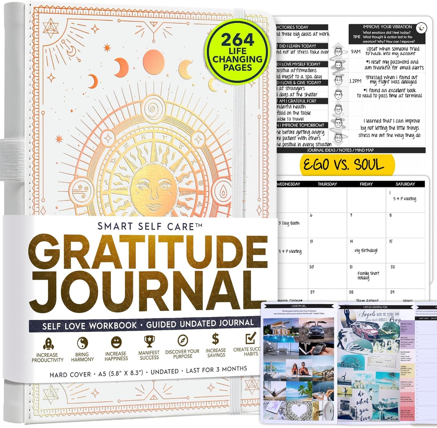 Self Care Journal - 5 Minute Mental Health & Manifestation Journal | 90-Day Undated Daily Planner for Positivity, Affirmations & Gratitude | Guided Mindfulness, Reflection | Vision Board + Stickers