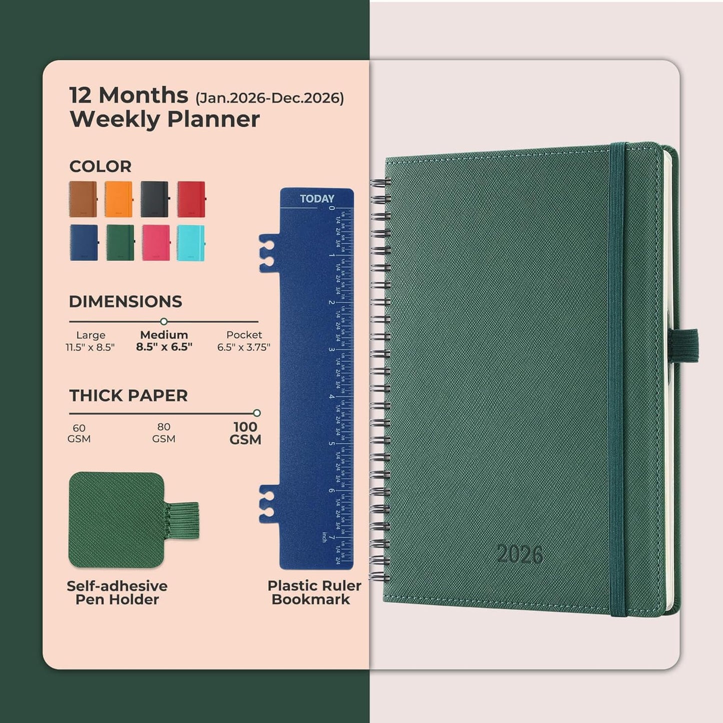 Planner 2026 Daily Weekly and Monthly,8.5"x6.5",12 Months Spiral Bound Calendar Agenda with Self-adhesive Pen Holder,2026 Appointment Book with Vegan Leather Soft Cover,Green