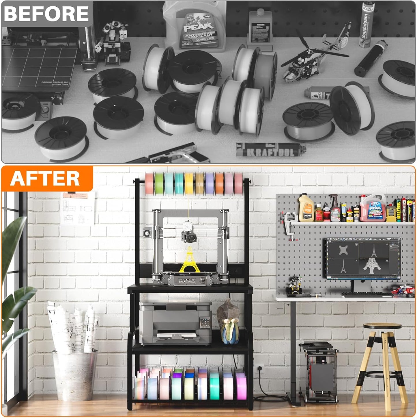 Homieasy Printer Stand with Charging Station, 29.1" x 22.8" Large 3D Printer Table with Filament Storage, Heavy Duty Rolling Printer Cart with 4-Tier Storage for Workshop/Office/Garage, Black