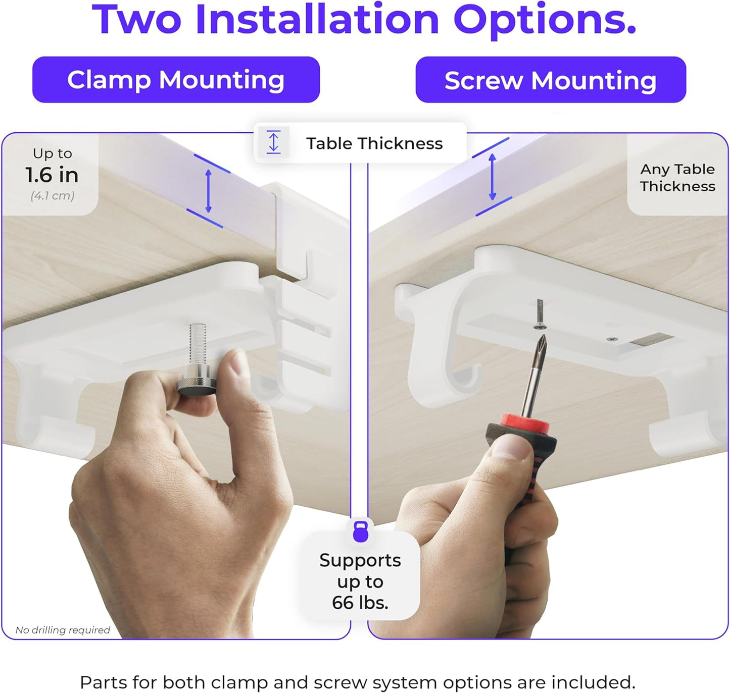 Original No Drill Under Desk Cable Management Tray 40.6" - Premium White Fabric Cable Management Under Desk - Clamp/Screw Mount Cord Organizer - Supports Upto 66lbs - Large