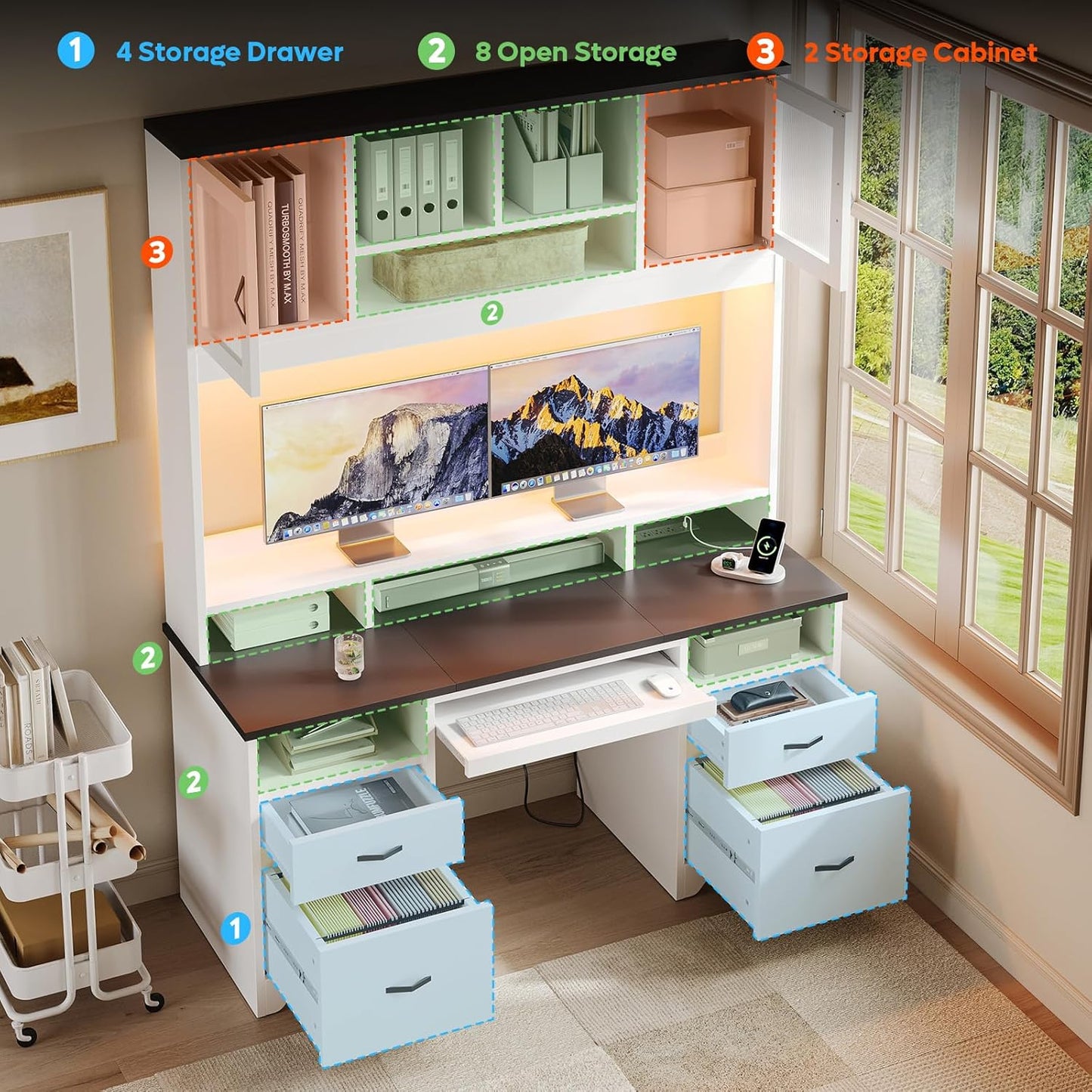 Bestier 77.8" H Executive Desk with Hutch, Modern Wood Computer Desk with Drawers, Charging Station, LED Light, Fluted Storage Cabinet, Keyboard Tray, 59" W Office Desk for Home Office, White