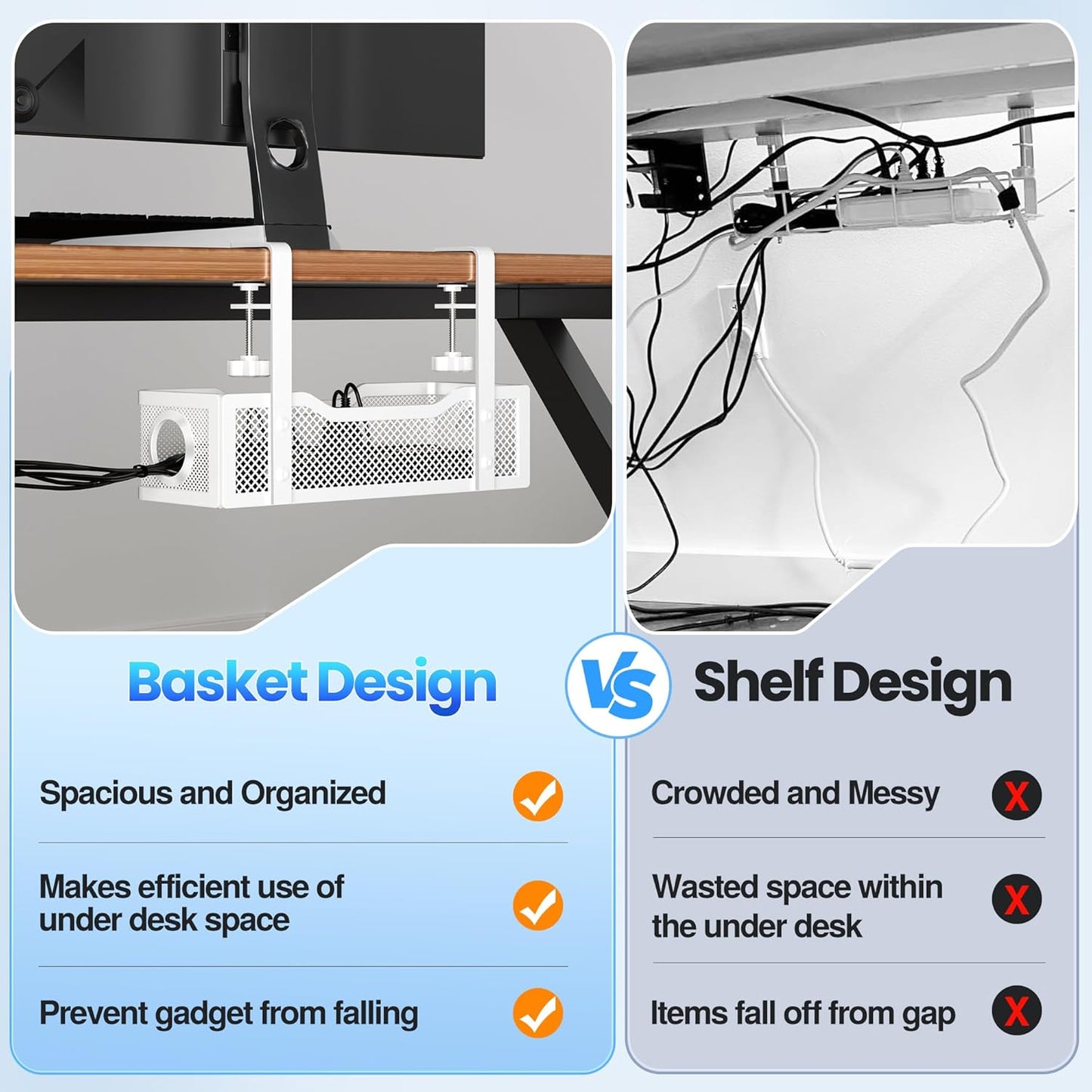Cable Management Under Desk Tray, No Drill Cable Management Box with Clamp for Wire Organization, Cord Organizer for Office, Home - No Damage to Desk (White)
