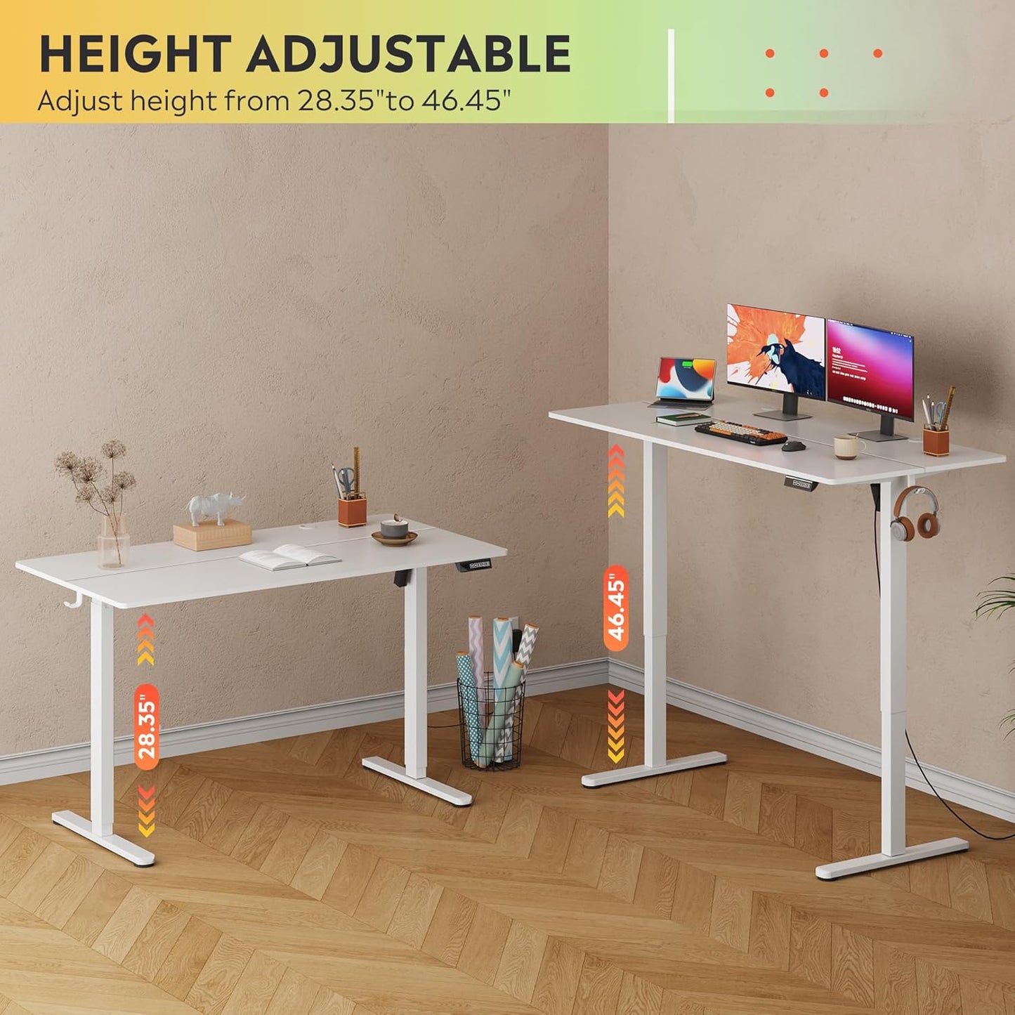 DEVAISE 55 Inch Electric Standing Desk, 3 Adjustable Height Stand up Desk for Home Office, Ergonomic Sit to Stand Desk with LED Touchscreen, Headphone Hook, 3 Memory Preset Computer Desk (White)